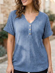V-neck button-down loose ribbed short-sleeved T-shirt