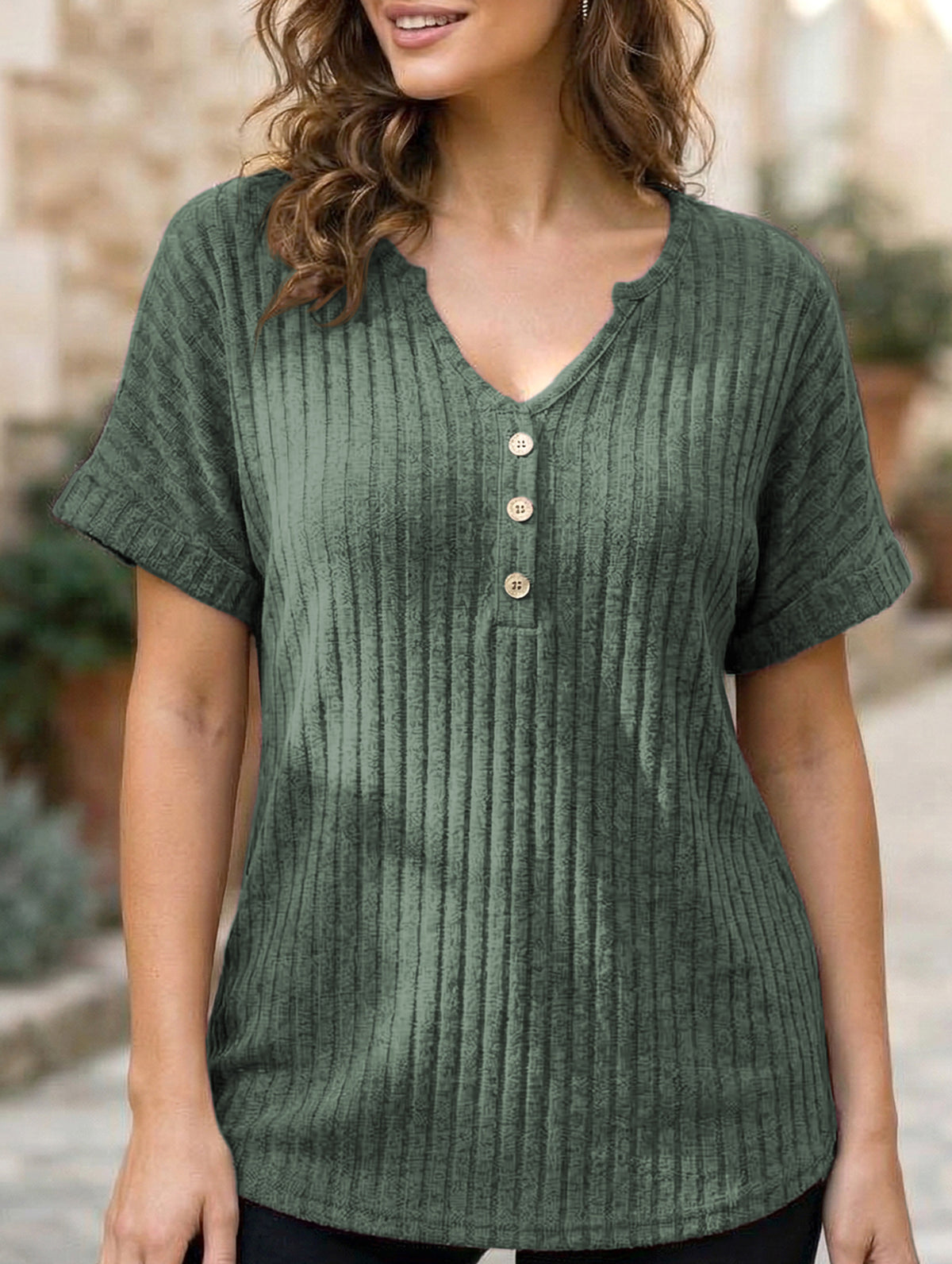 V-neck button-down loose ribbed short-sleeved T-shirt