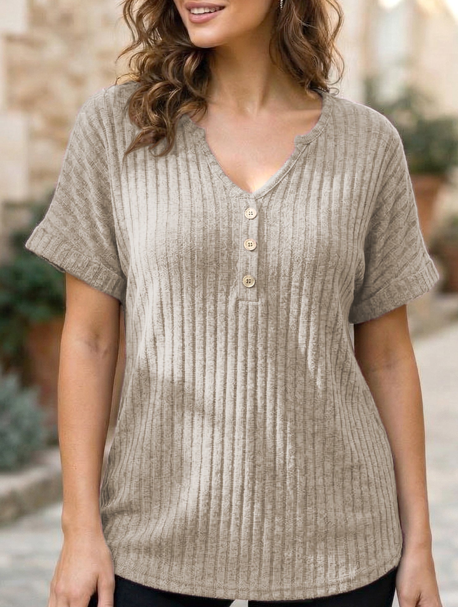 V-neck button-down loose ribbed short-sleeved T-shirt
