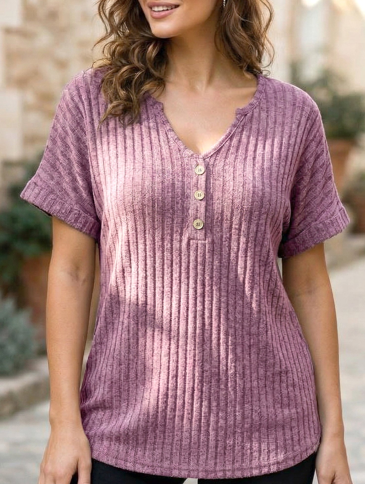 V-neck button-down loose ribbed short-sleeved T-shirt