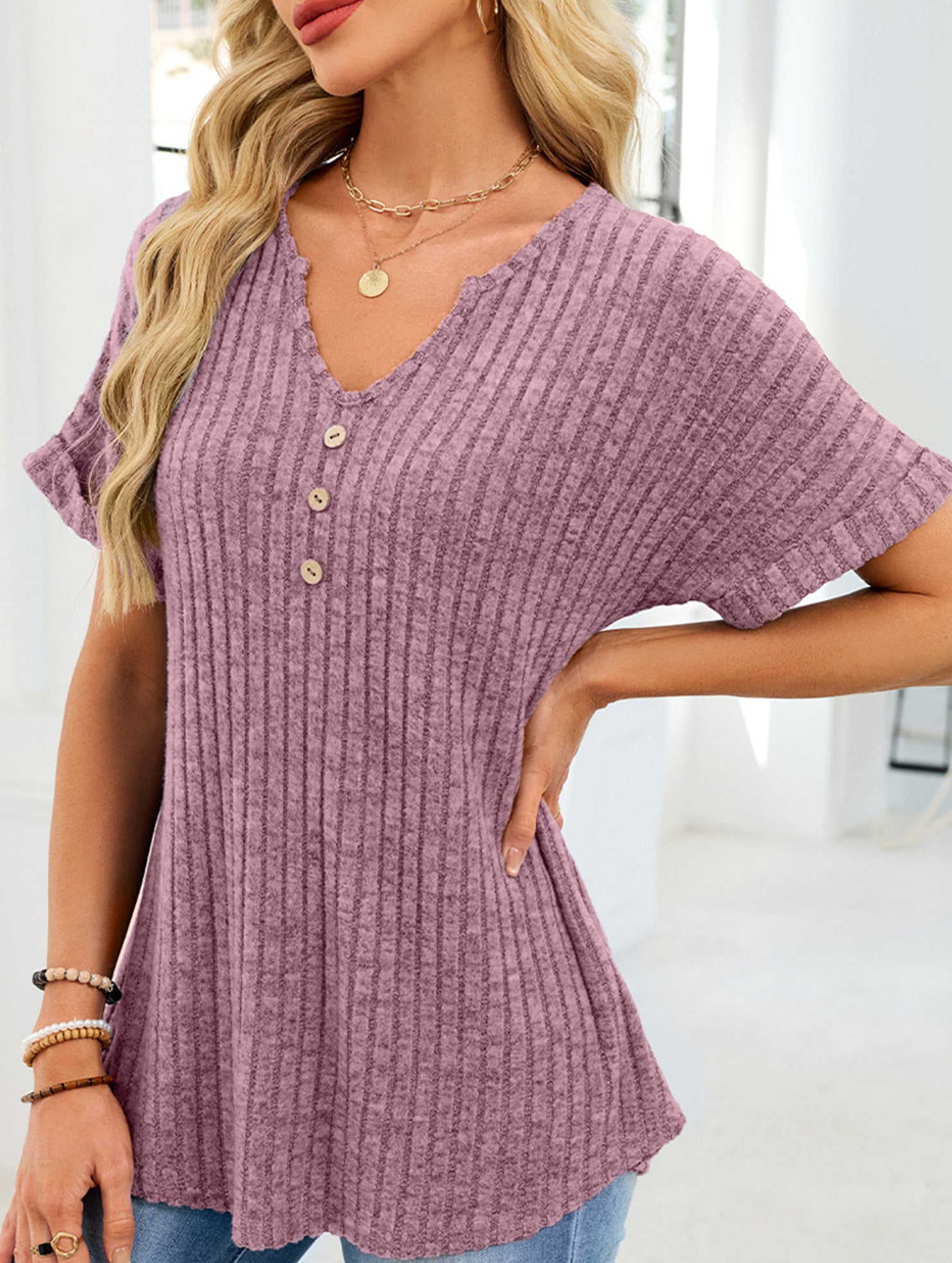 V-neck button-down loose ribbed short-sleeved T-shirt
