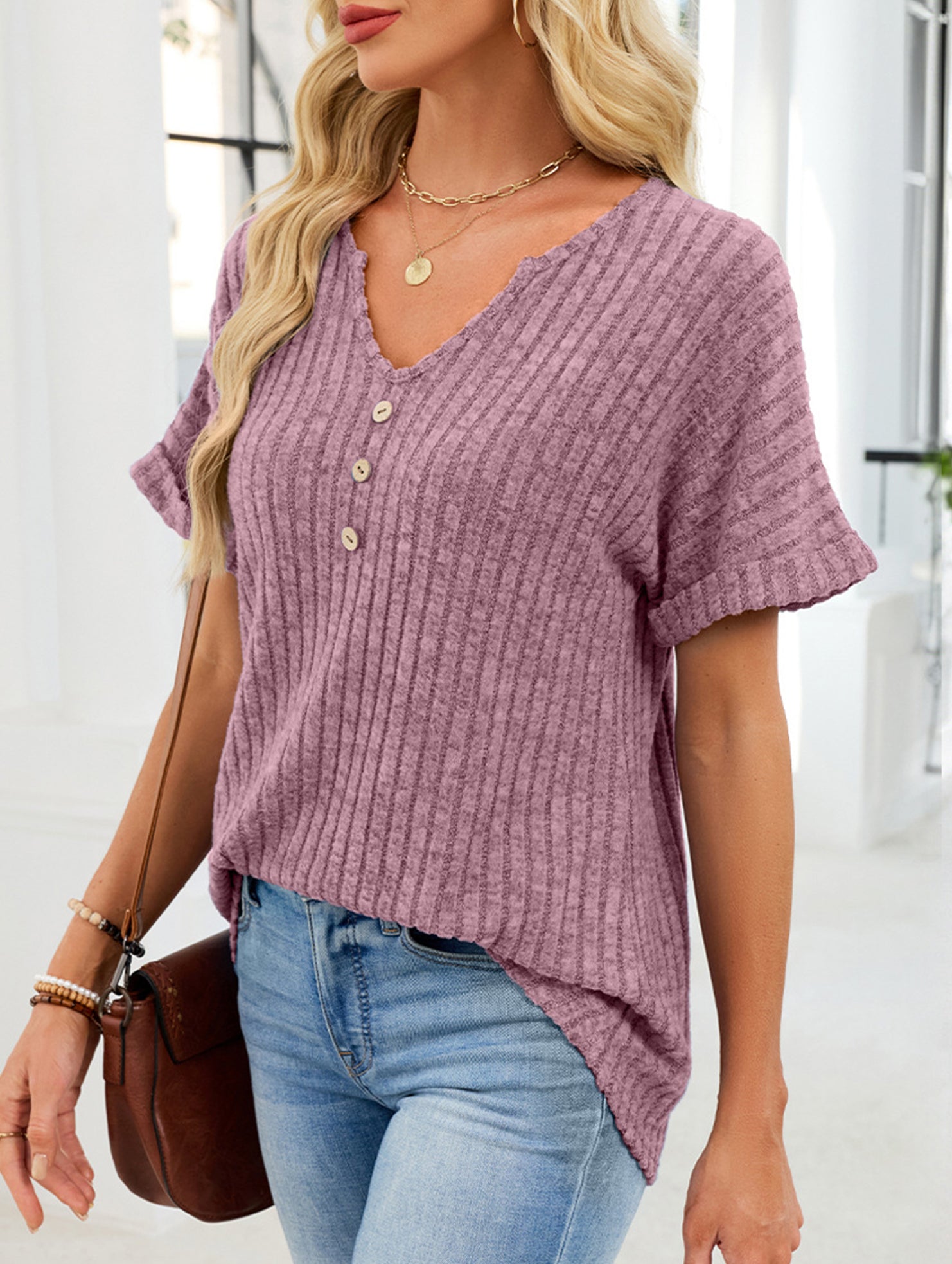 V-neck button-down loose ribbed short-sleeved T-shirt