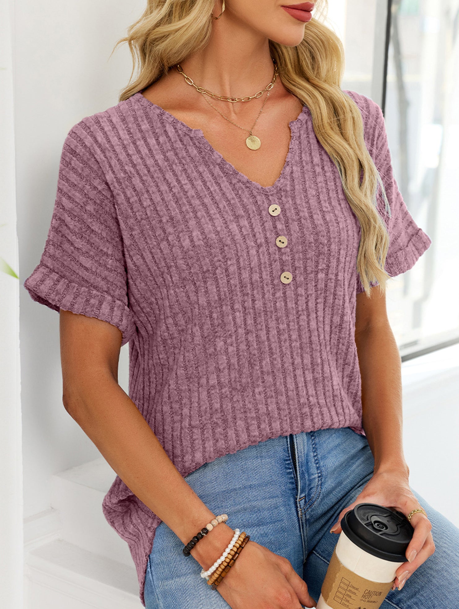 V-neck button-down loose ribbed short-sleeved T-shirt