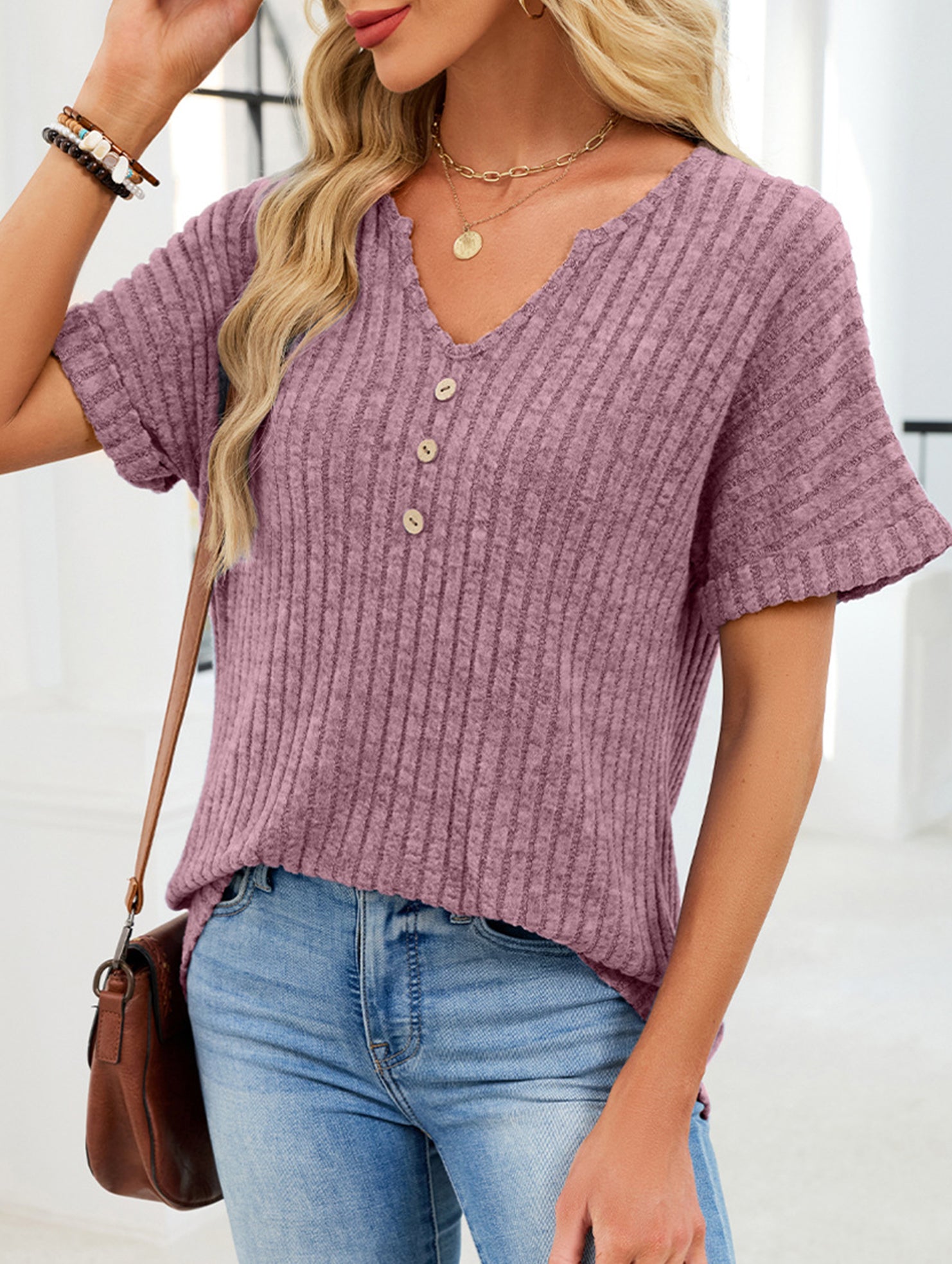 V-neck button-down loose ribbed short-sleeved T-shirt