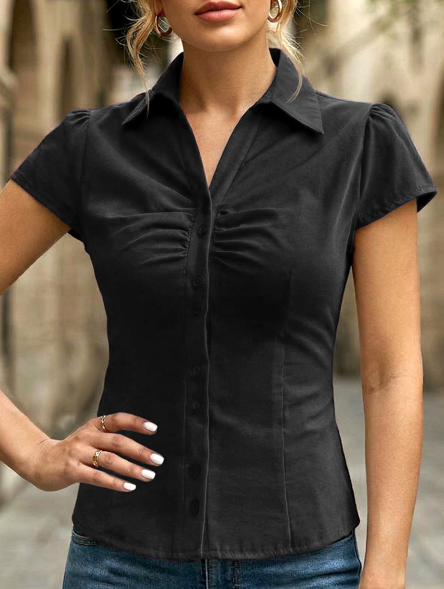 Sexy solid color short-sleeved shirt for women