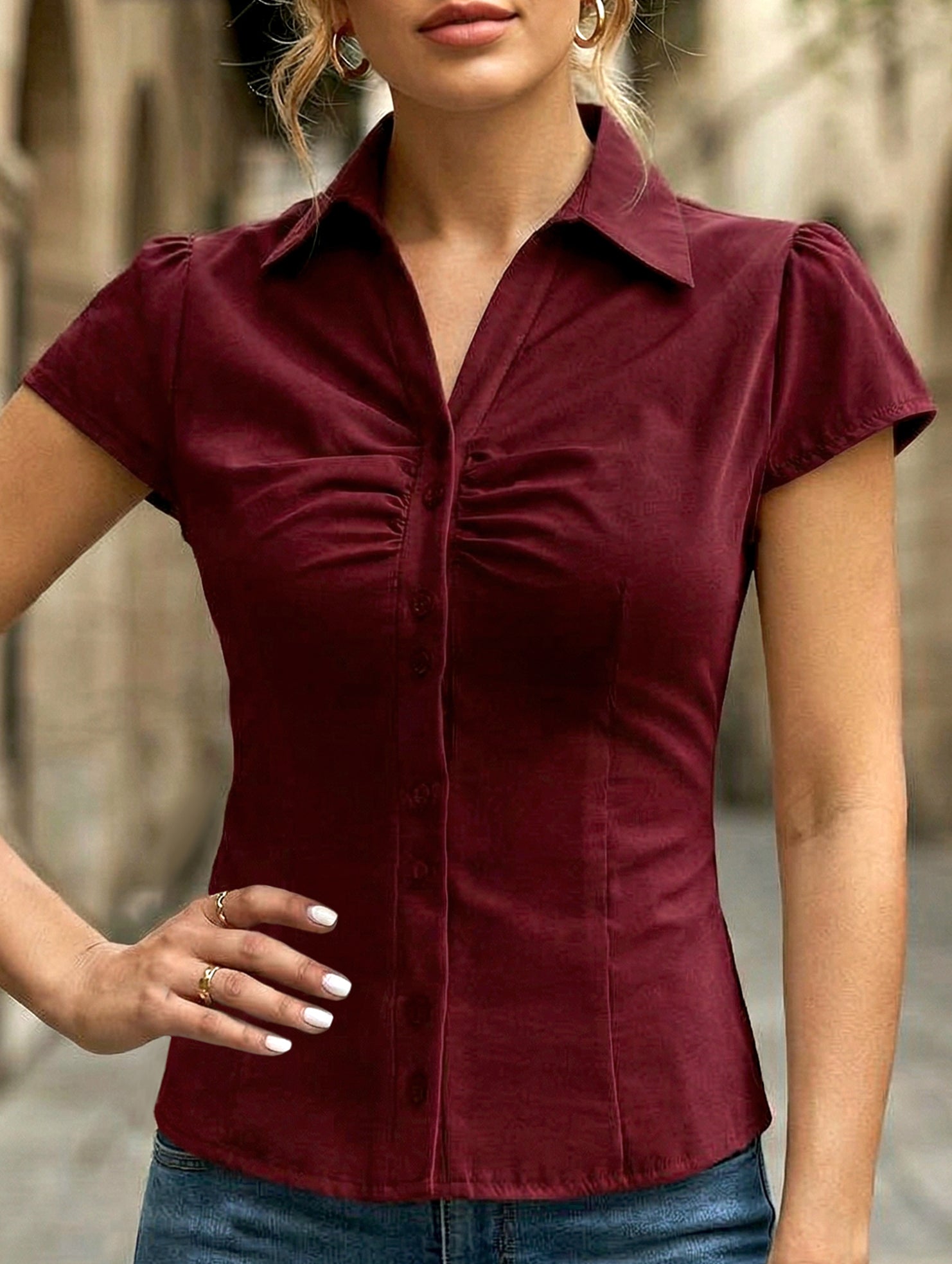 Sexy solid color short-sleeved shirt for women