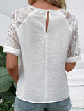 Round neck casual white lace-trimmed pullover shirt