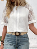 Round neck casual white lace-trimmed pullover shirt