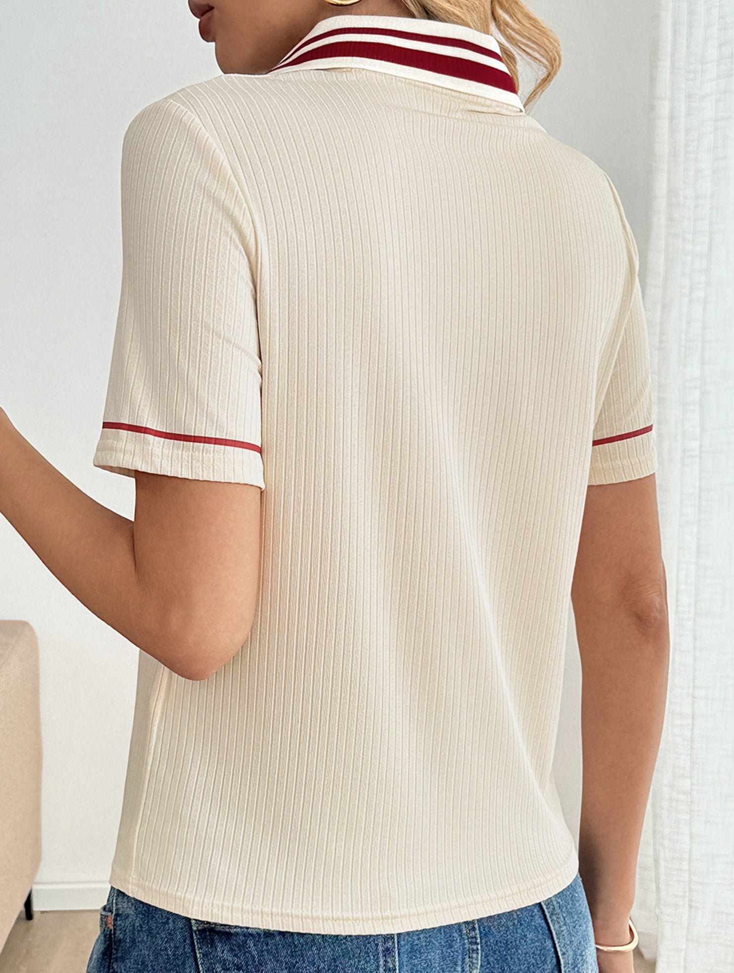 Casual retro striped collared polo shirt for women