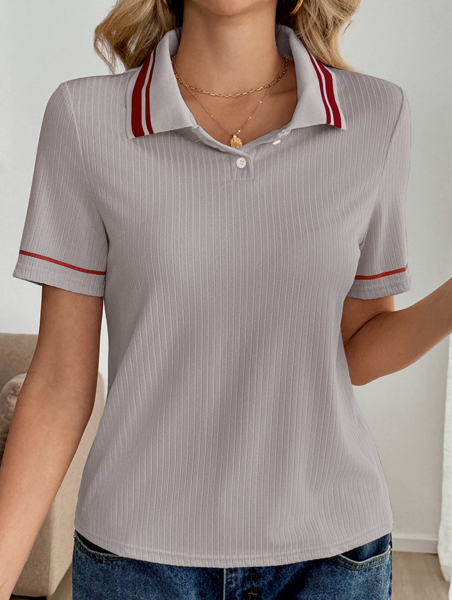 Casual retro striped collared polo shirt for women