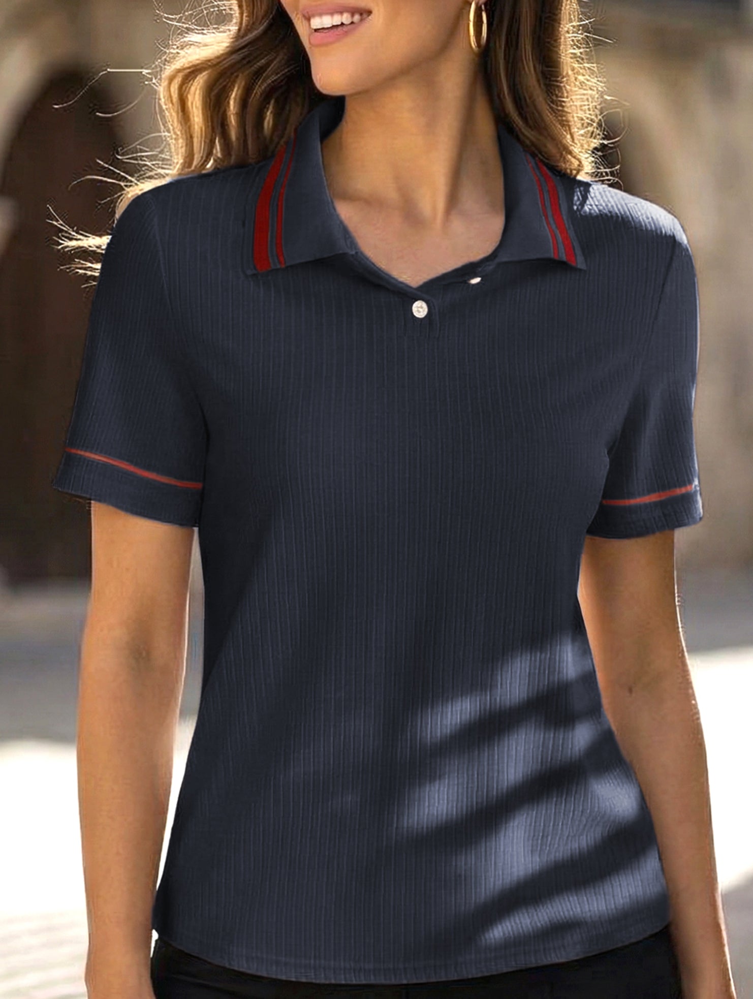 Casual retro striped collared polo shirt for women