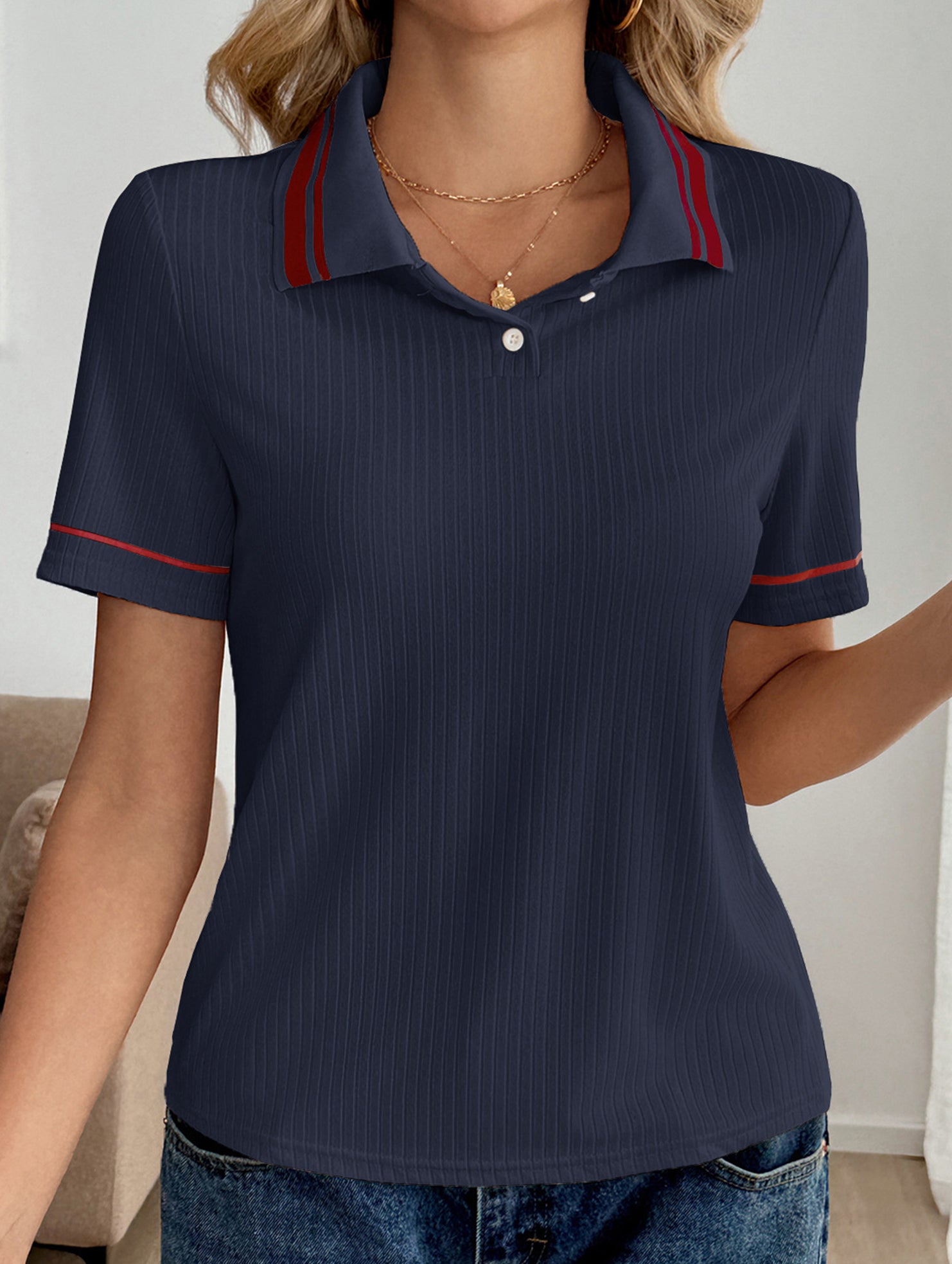 Casual retro striped collared polo shirt for women