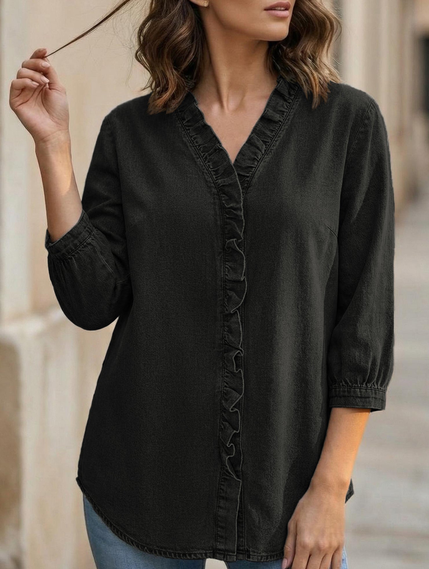 Women's Casual Denim V-Neck Ruffled Shirt Top_CWTSTS00876