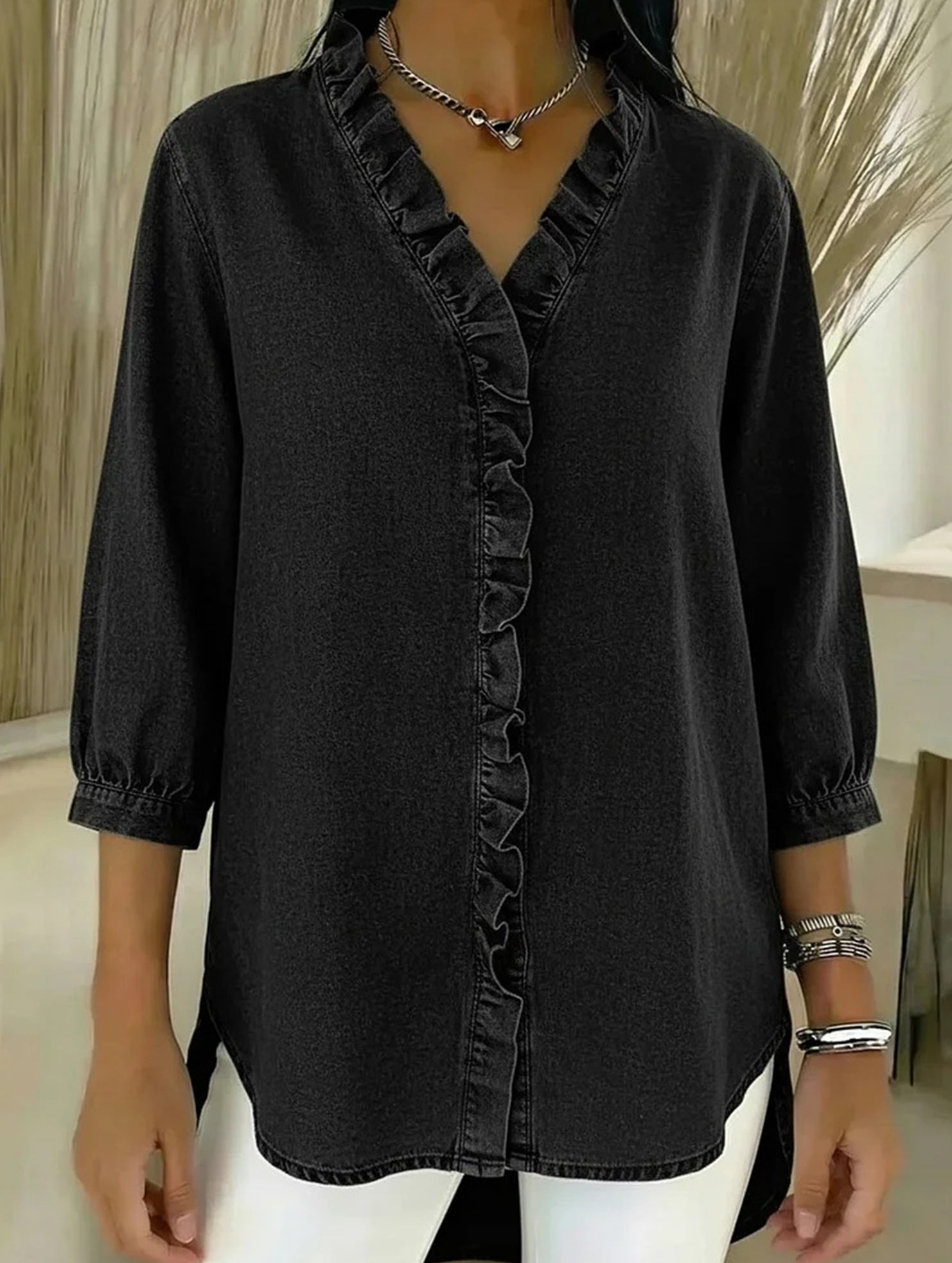 Women's Casual Denim V-Neck Ruffled Shirt Top_CWTSTS00876