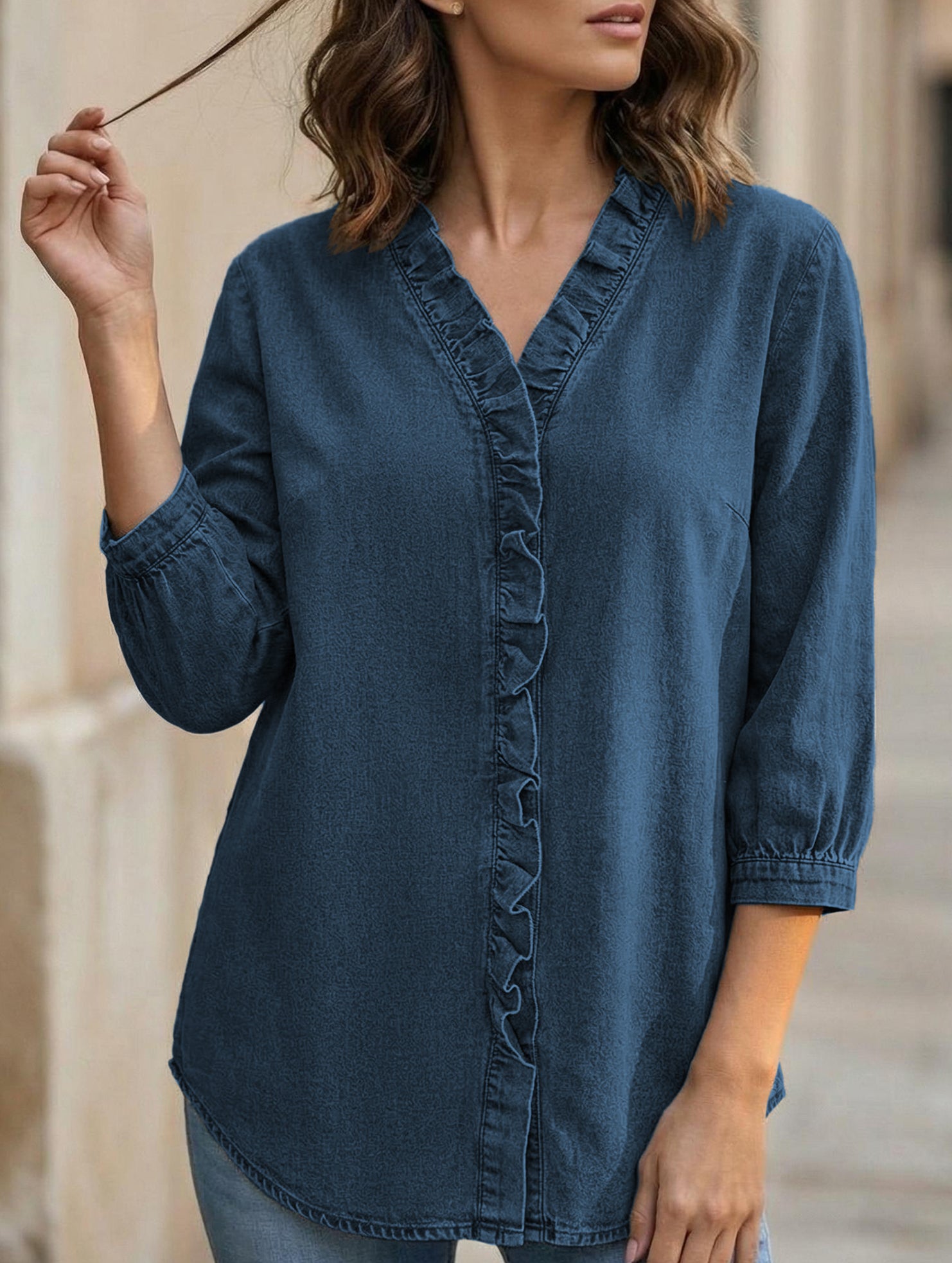 Women's Casual Denim V-Neck Ruffled Shirt Top_CWTSTS00876