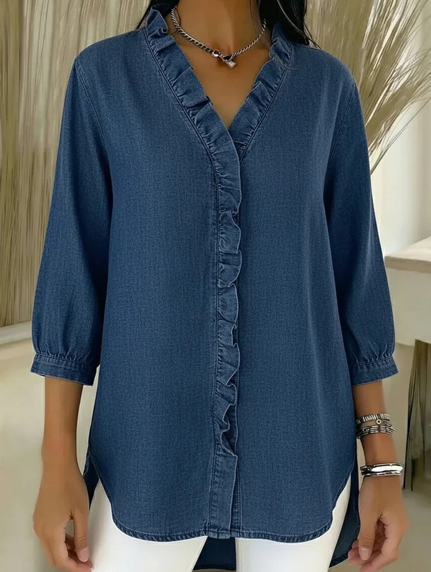 Women's Casual Denim V-Neck Ruffled Shirt Top_CWTSTS00876