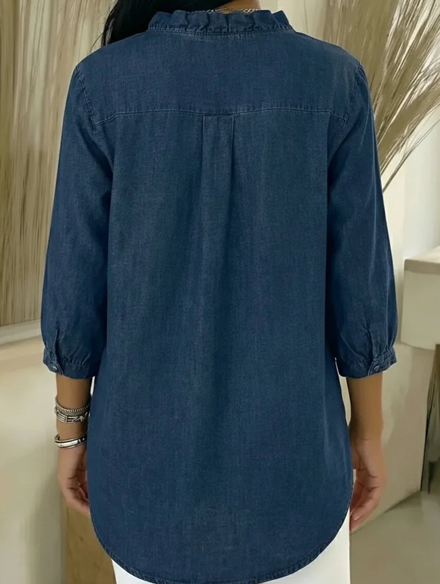 Women's Casual Denim V-Neck Ruffled Shirt Top_CWTSTS00876