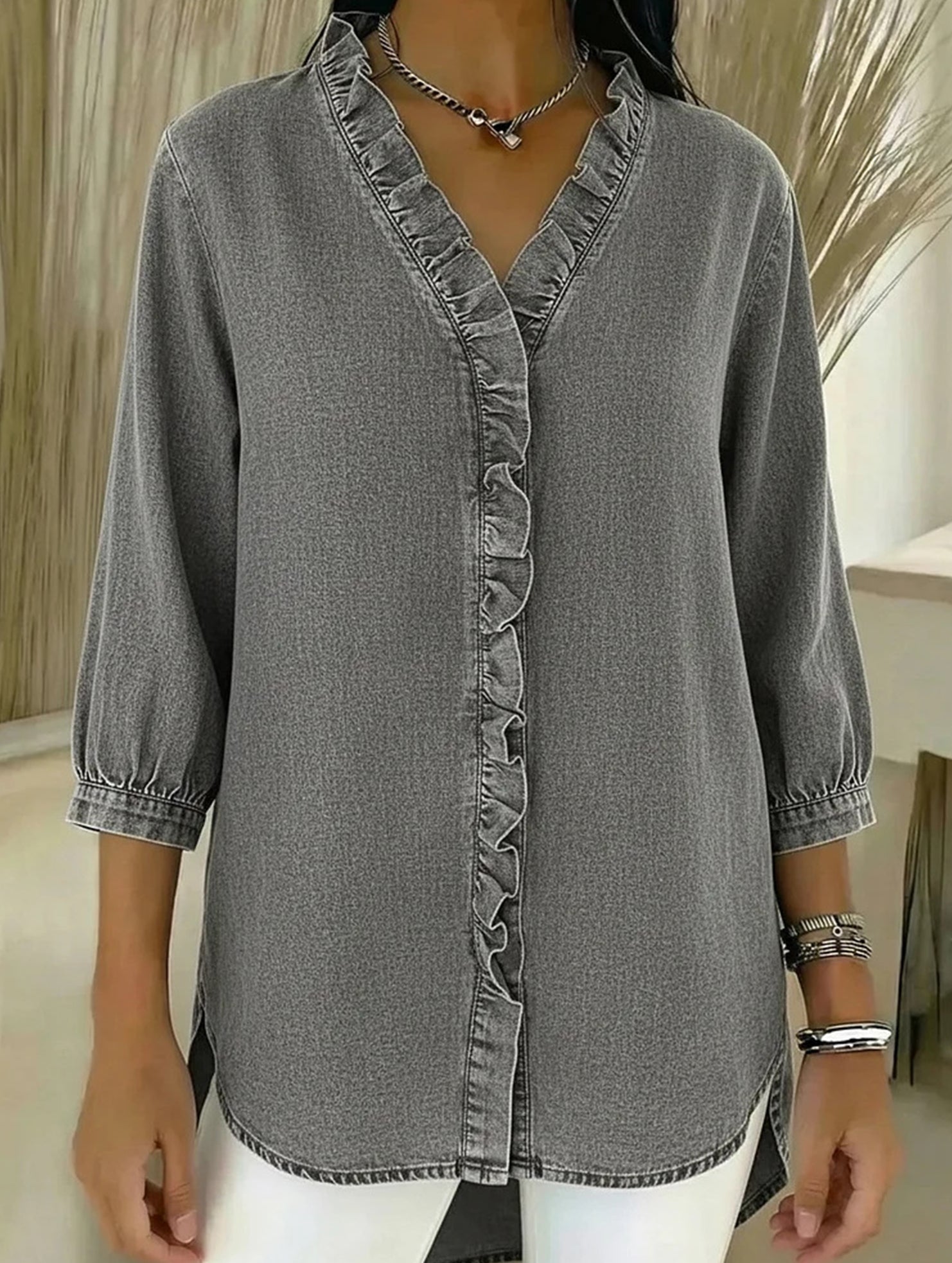 Women's Casual Denim V-Neck Ruffled Shirt Top_CWTSTS00876