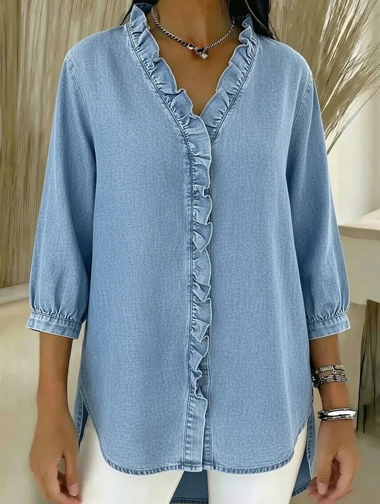 Women's Casual Denim V-Neck Ruffled Shirt Top_CWTSTS00876