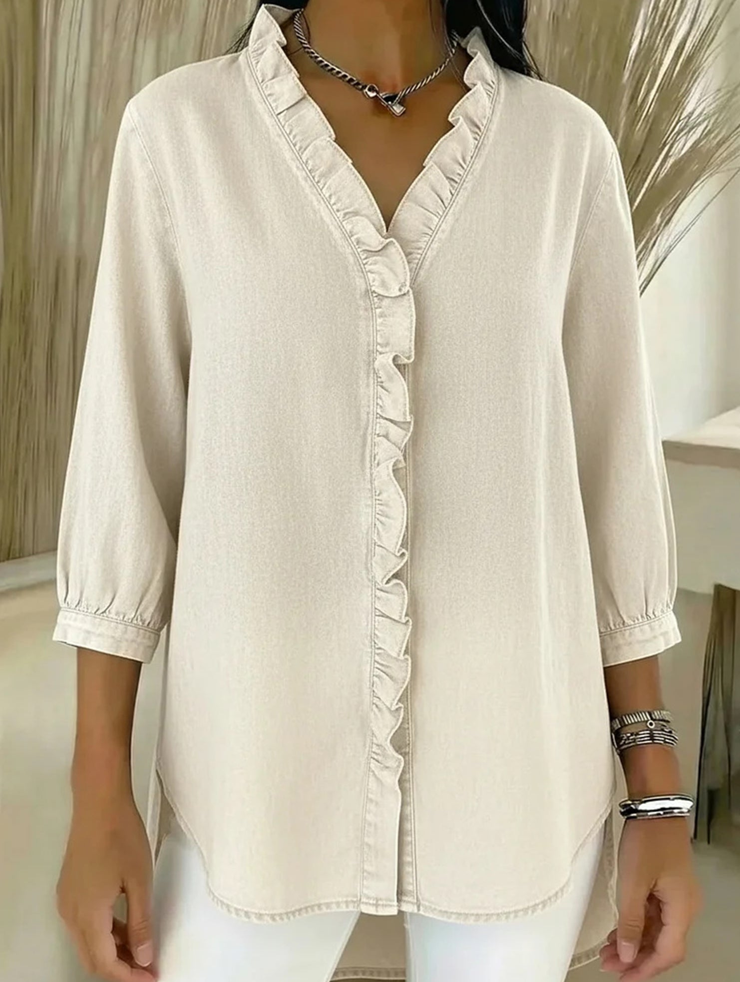 Women's Casual Denim V-Neck Ruffled Shirt Top_CWTSTS00876