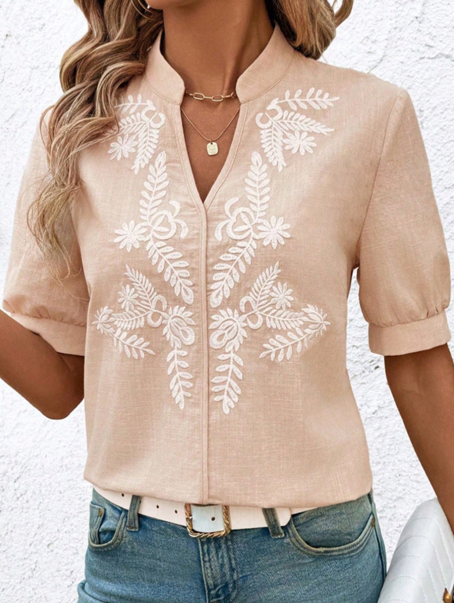 V Neck Embroidered Cotton Short Sleeve Shirt