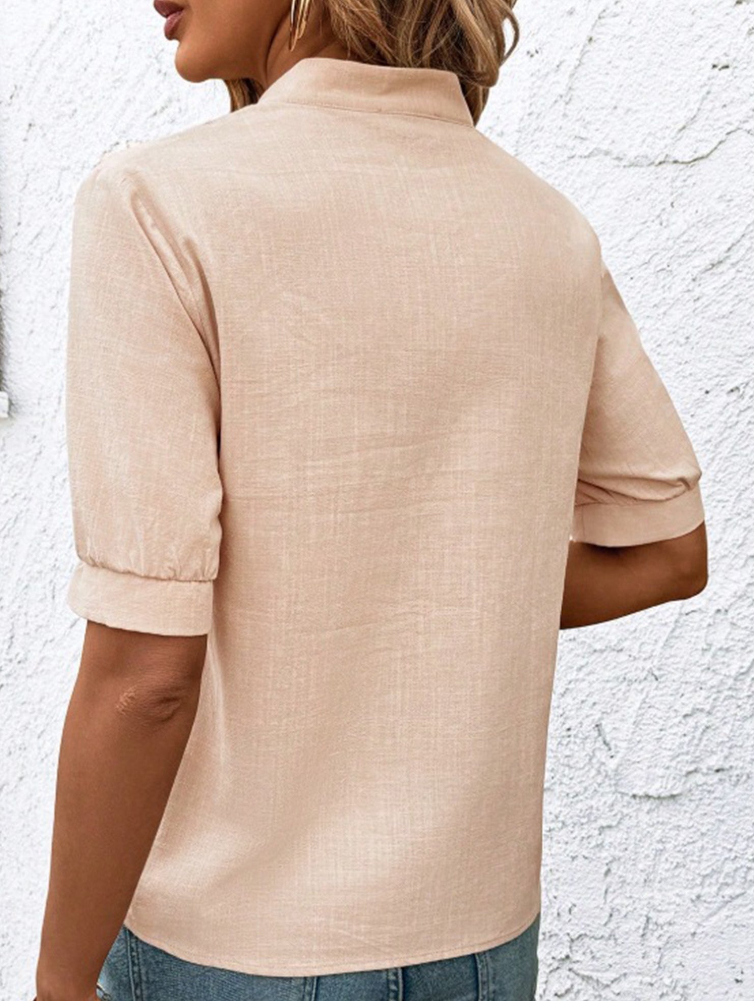 V Neck Embroidered Cotton Short Sleeve Shirt