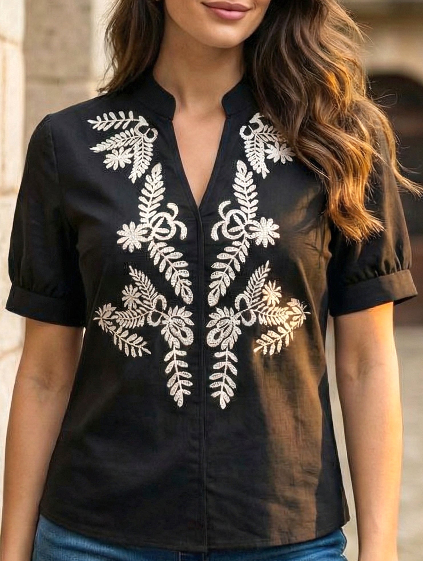 V Neck Embroidered Cotton Short Sleeve Shirt