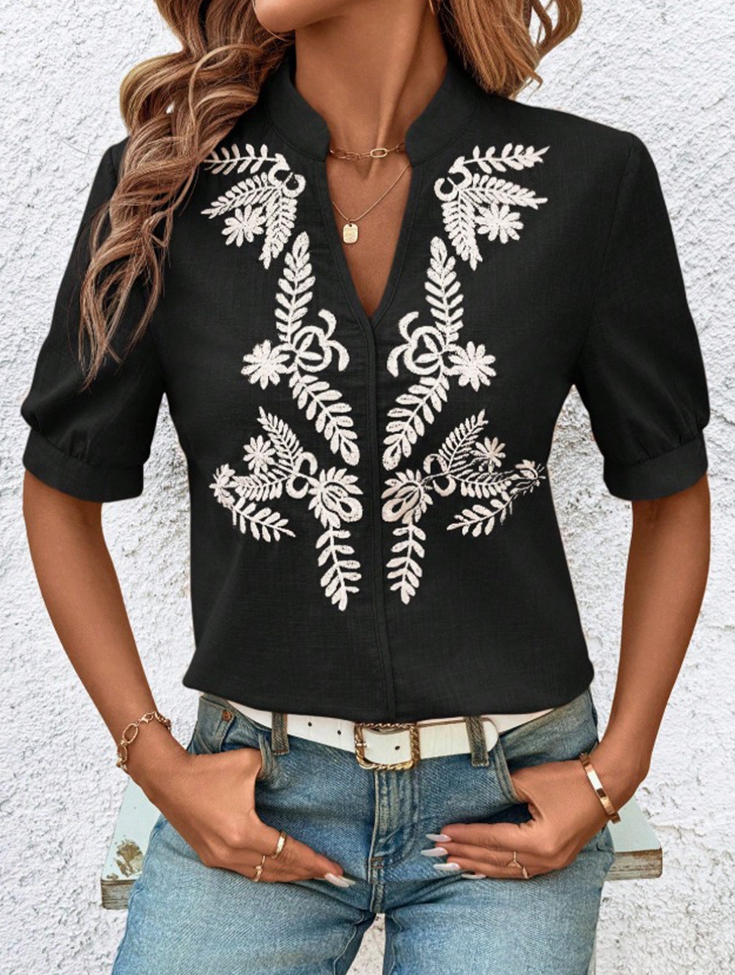 V Neck Embroidered Cotton Short Sleeve Shirt