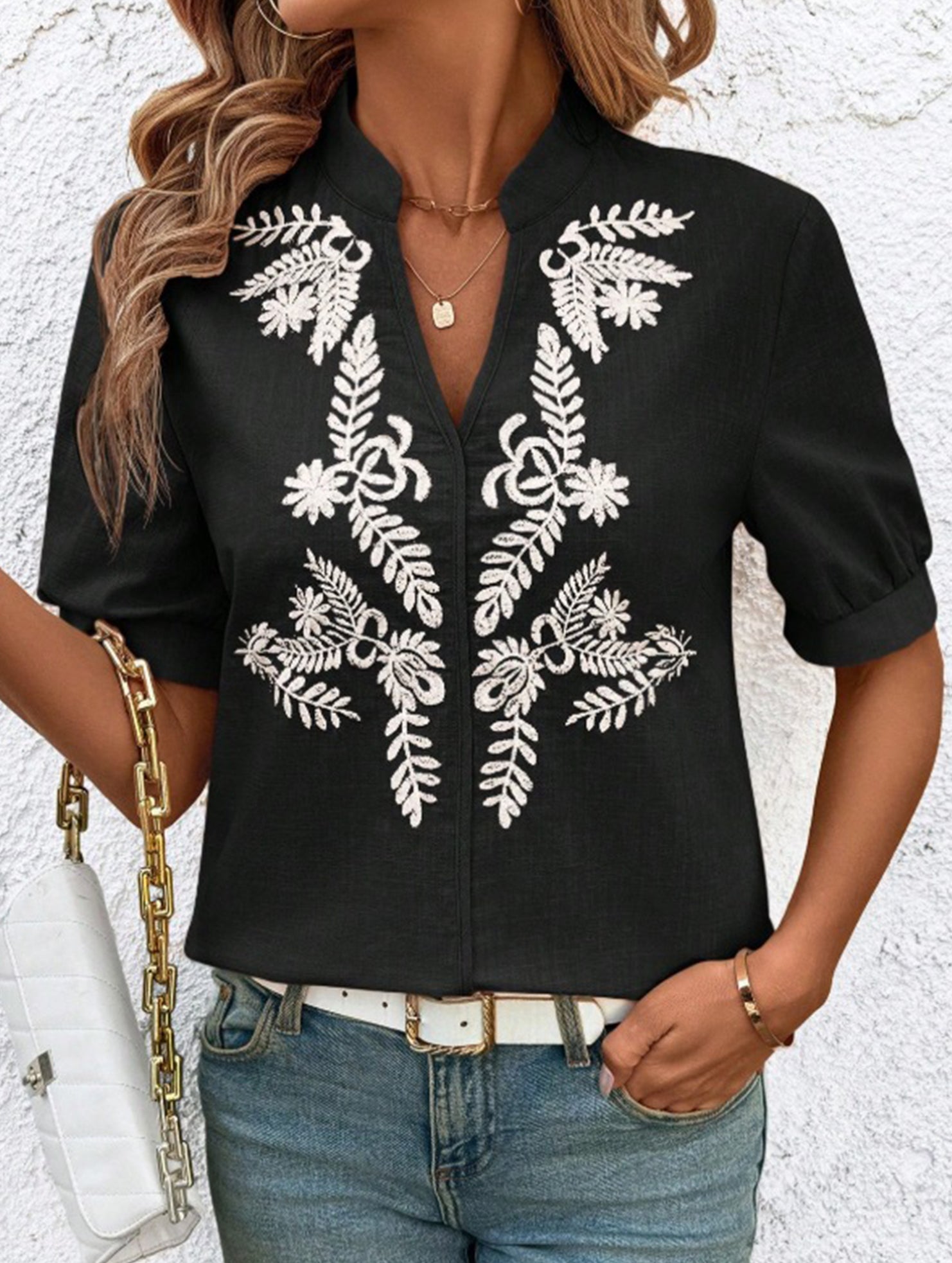 V Neck Embroidered Cotton Short Sleeve Shirt