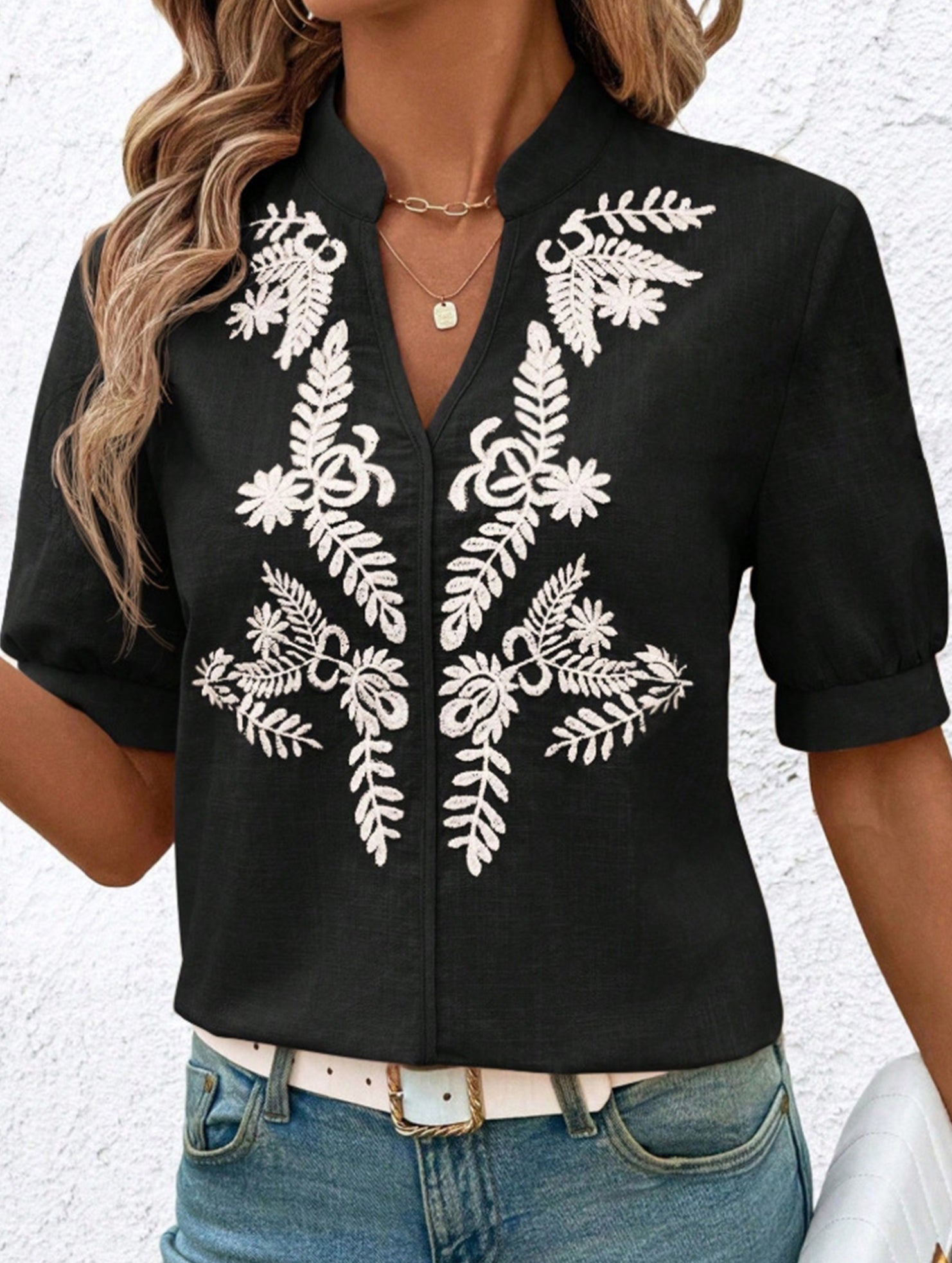 V Neck Embroidered Cotton Short Sleeve Shirt