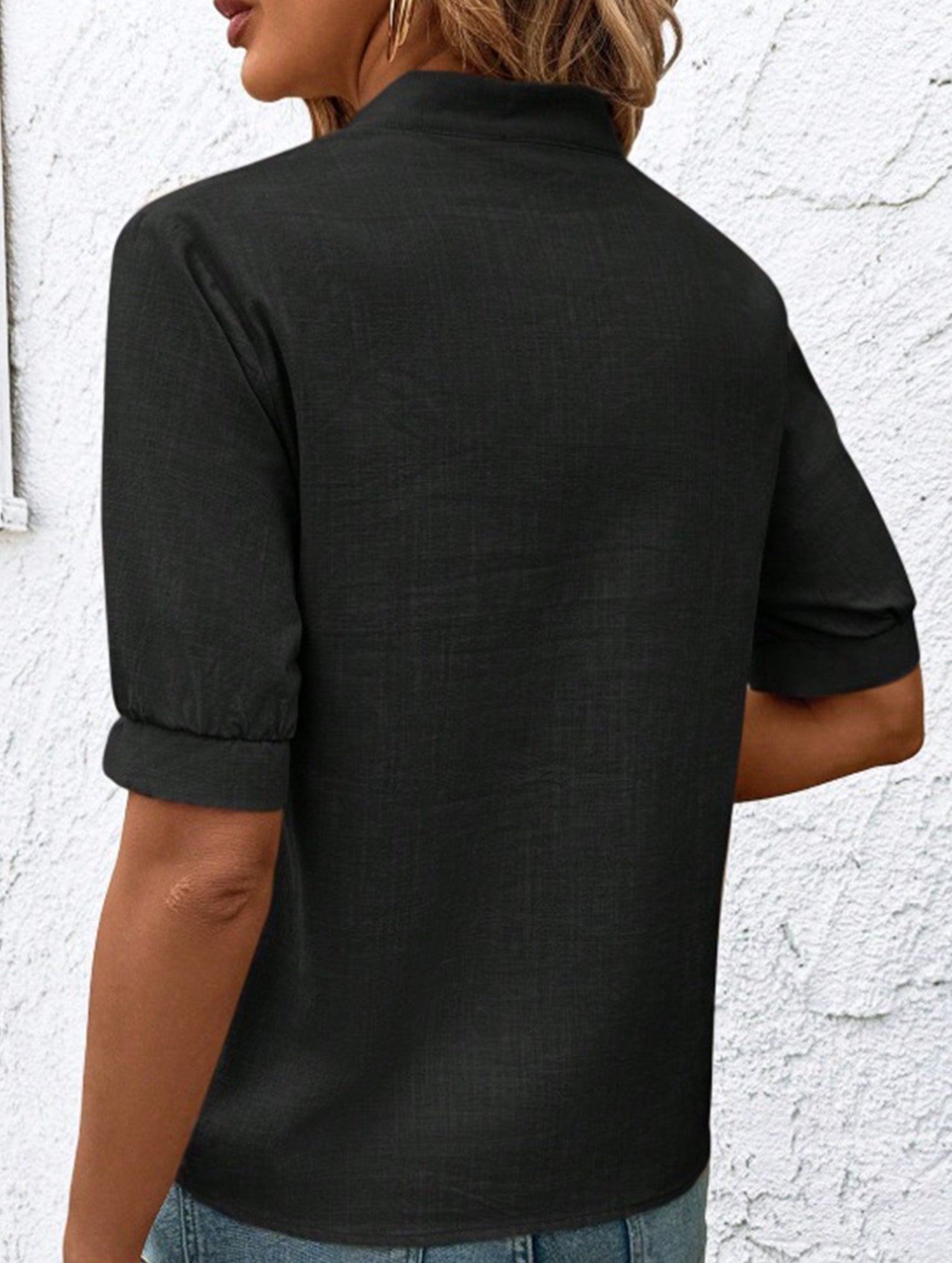 V Neck Embroidered Cotton Short Sleeve Shirt
