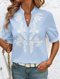 V Neck Embroidered Cotton Short Sleeve Shirt
