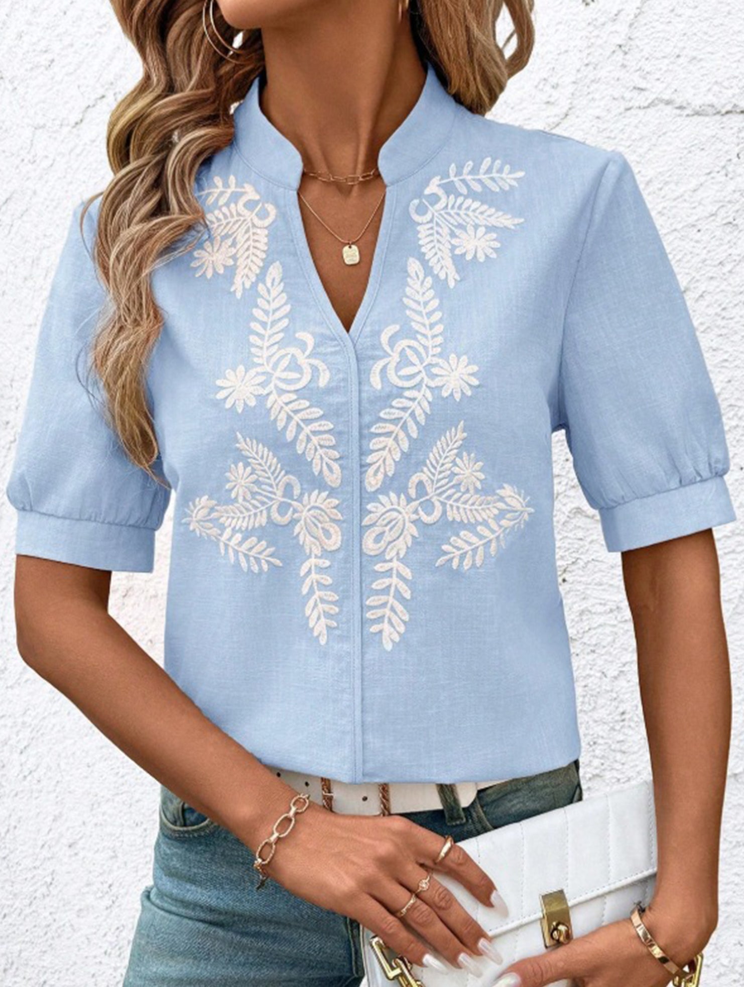 V Neck Embroidered Cotton Short Sleeve Shirt
