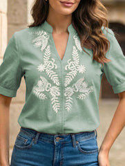 V Neck Embroidered Cotton Short Sleeve Shirt