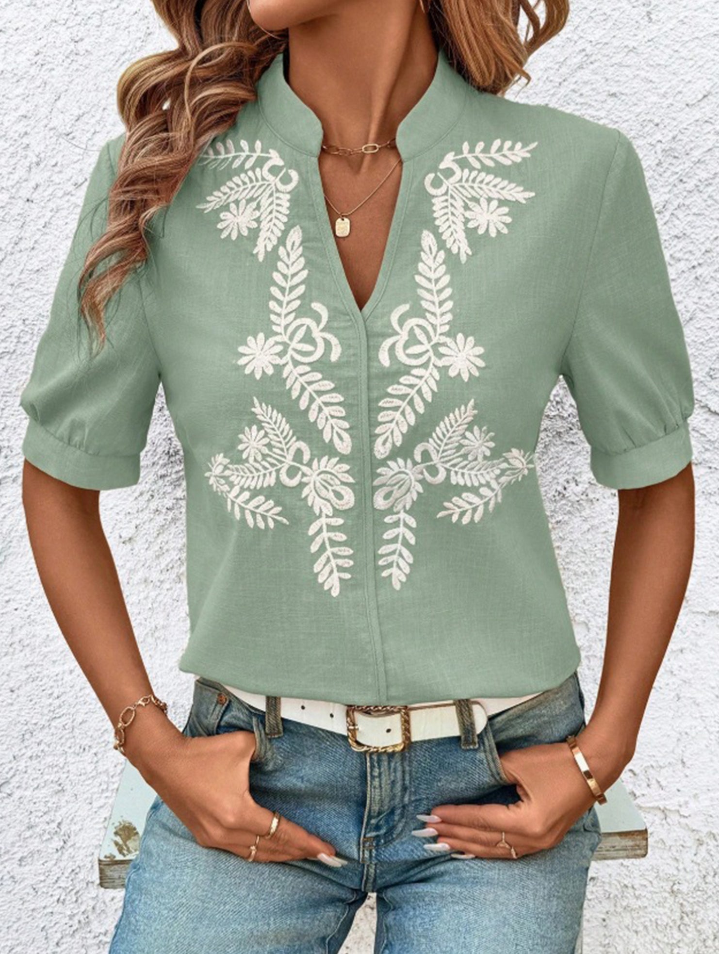 V Neck Embroidered Cotton Short Sleeve Shirt