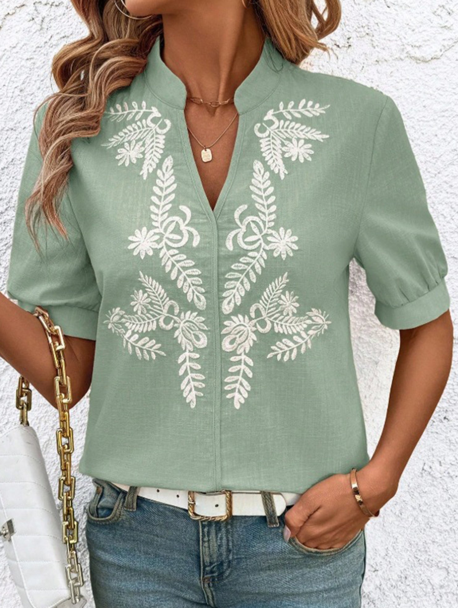 V Neck Embroidered Cotton Short Sleeve Shirt