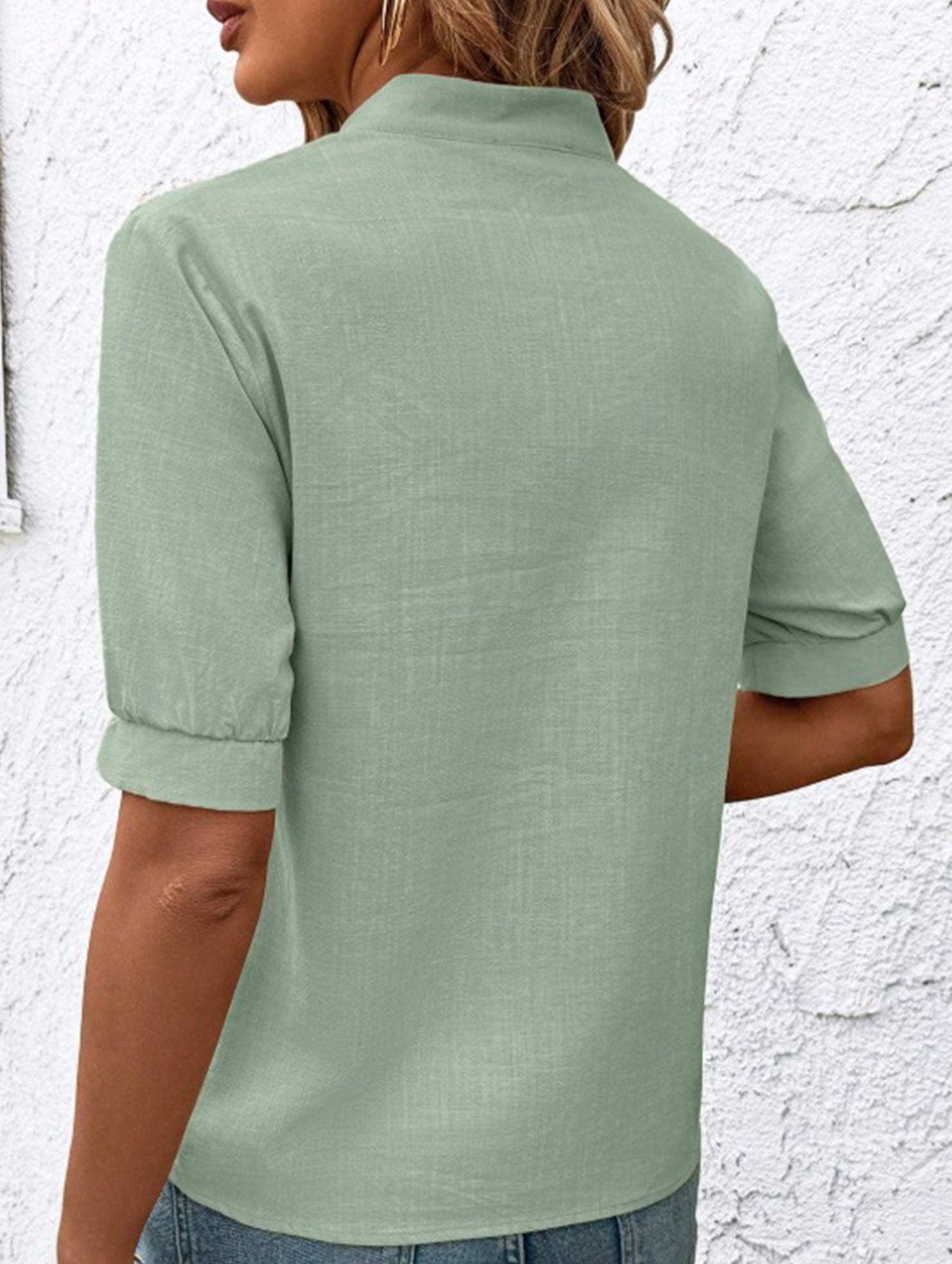 V Neck Embroidered Cotton Short Sleeve Shirt