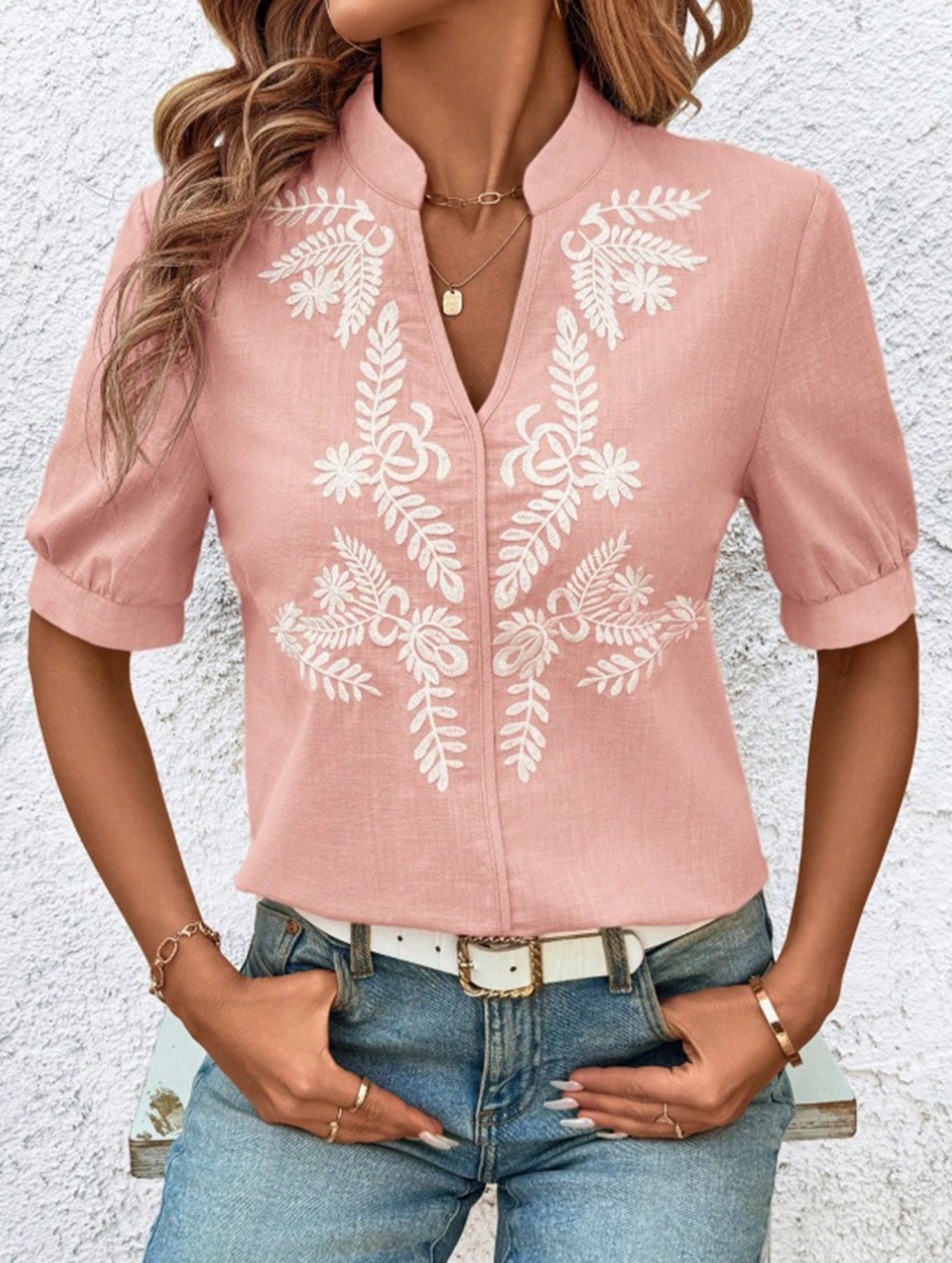 V Neck Embroidered Cotton Short Sleeve Shirt
