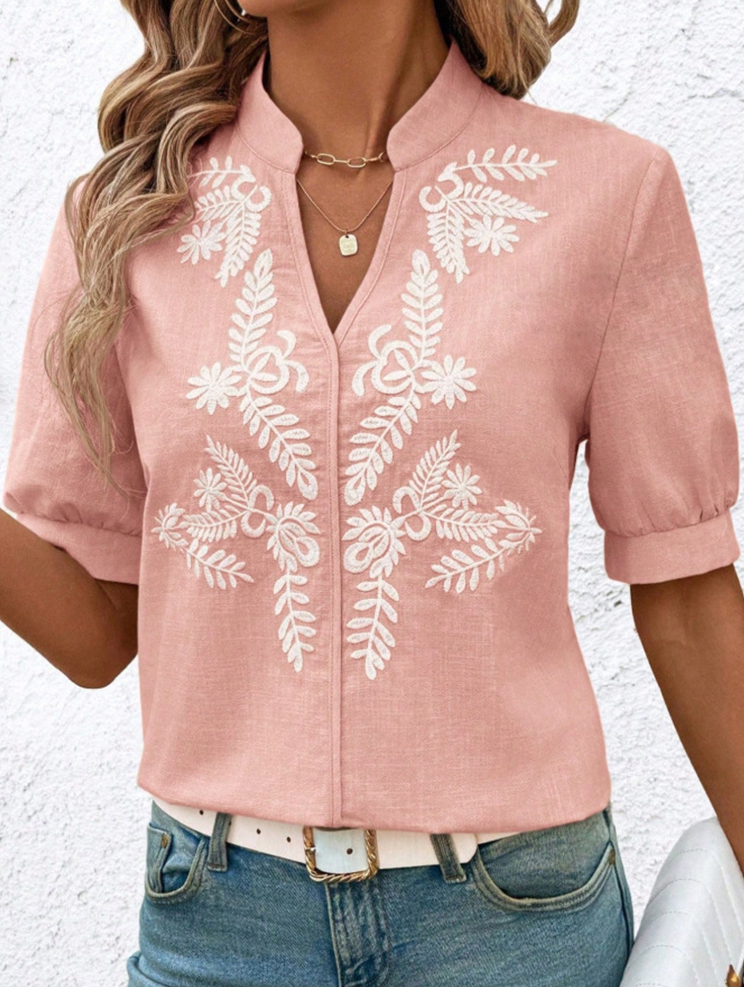 V Neck Embroidered Cotton Short Sleeve Shirt