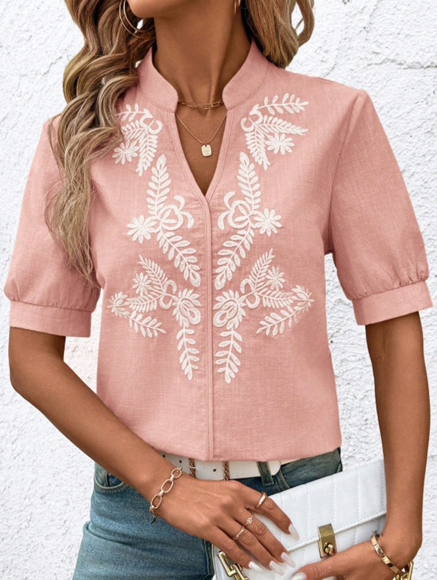 V Neck Embroidered Cotton Short Sleeve Shirt