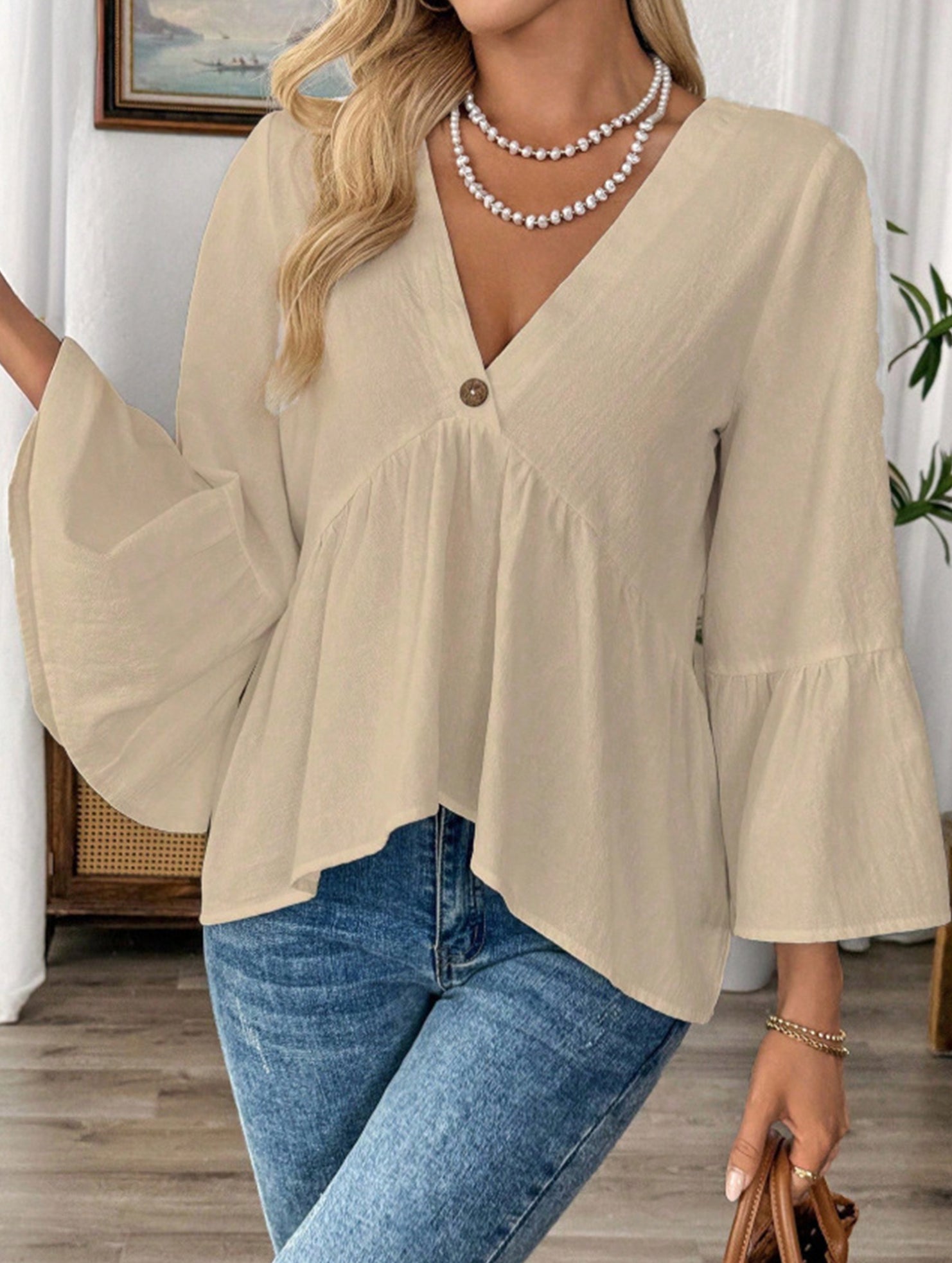 Solid V Neck Ruffle Sleeve Cotton Top