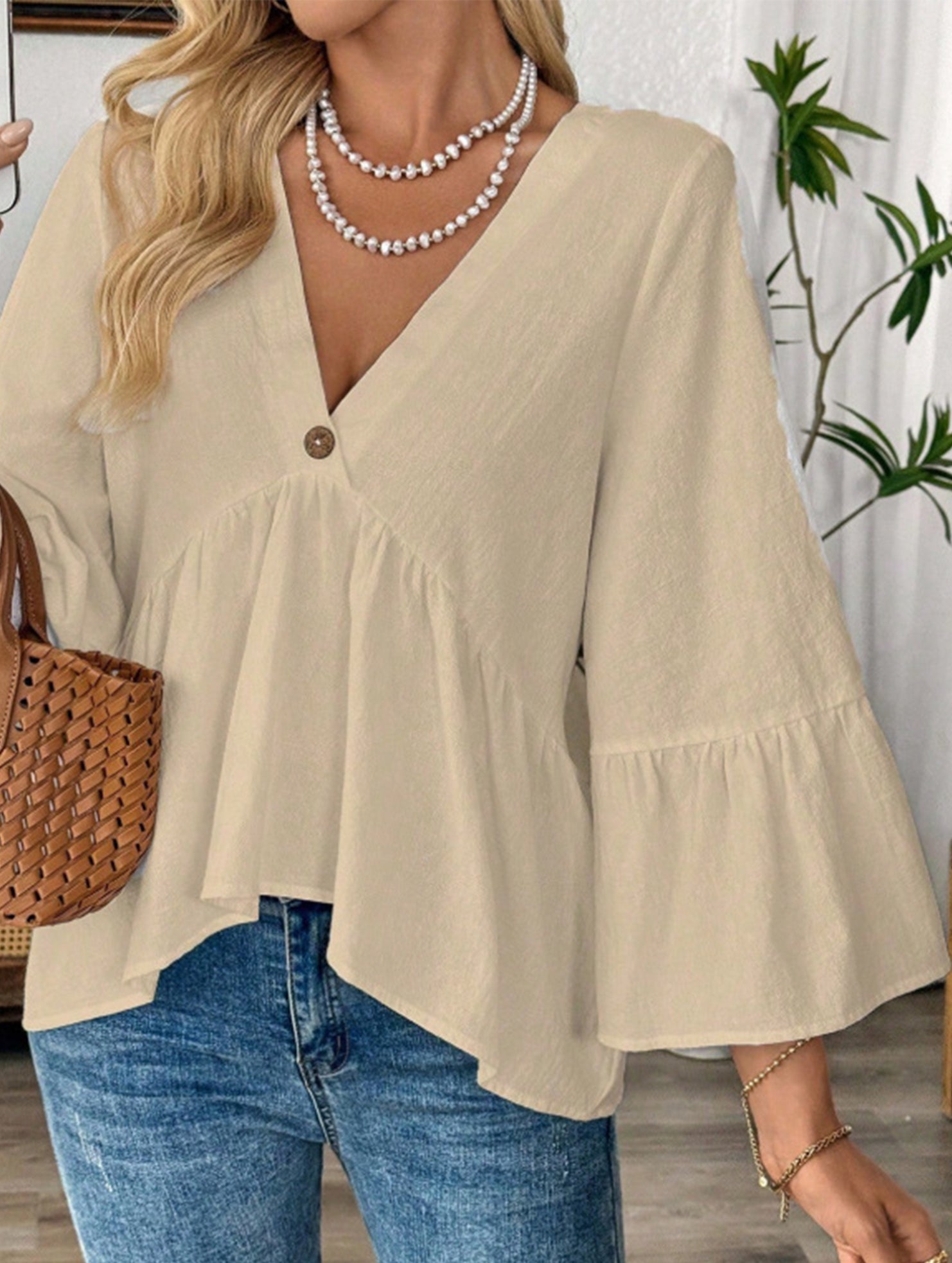 Solid V Neck Ruffle Sleeve Cotton Top