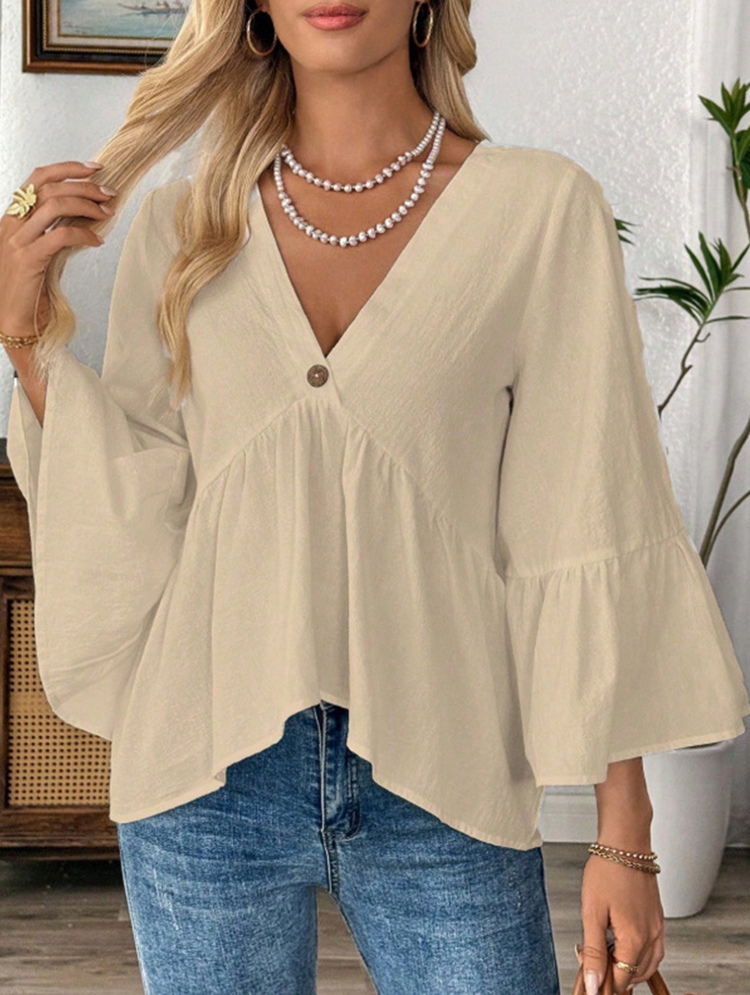 Solid V Neck Ruffle Sleeve Cotton Top