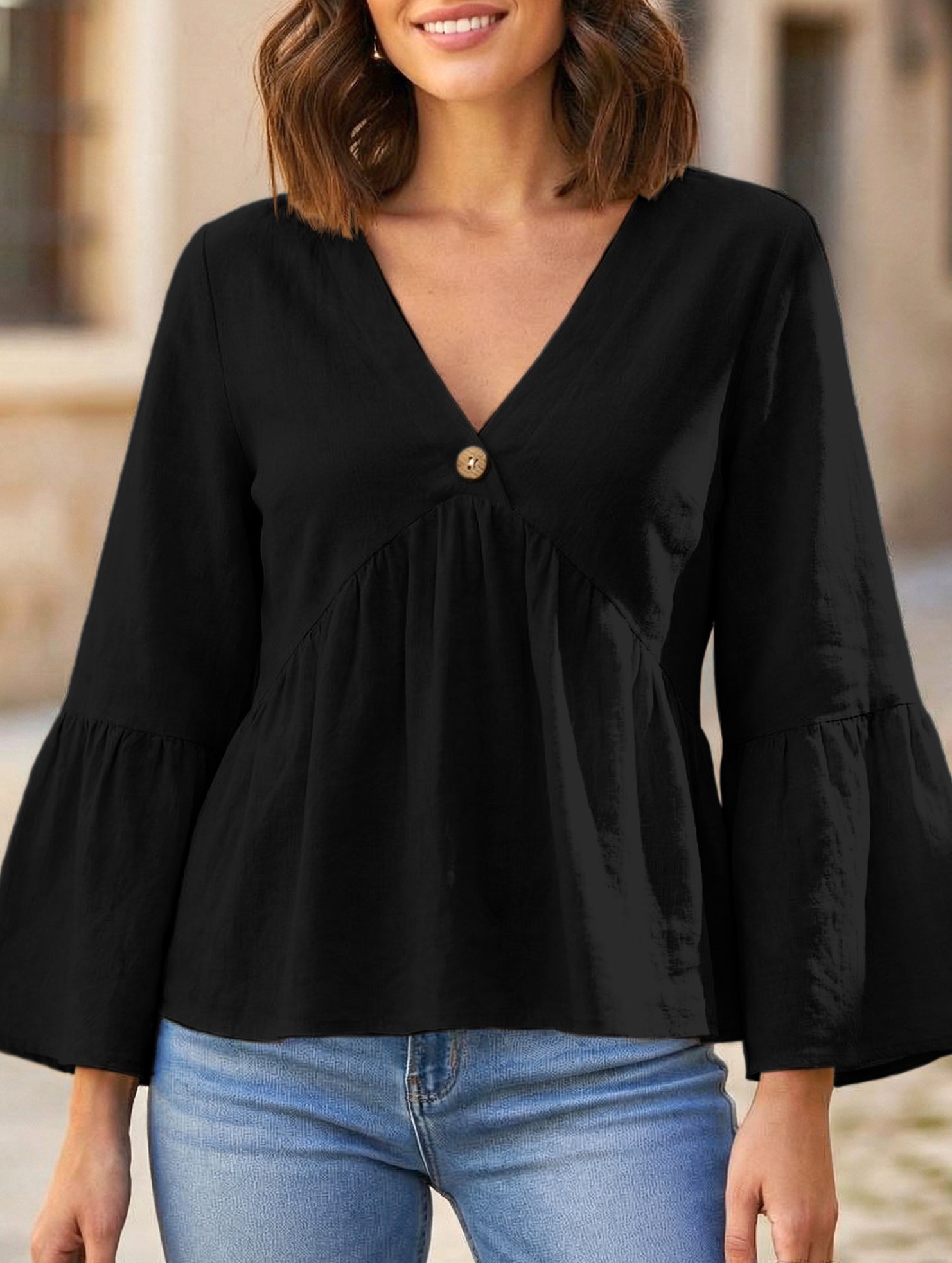 Solid V Neck Ruffle Sleeve Cotton Top