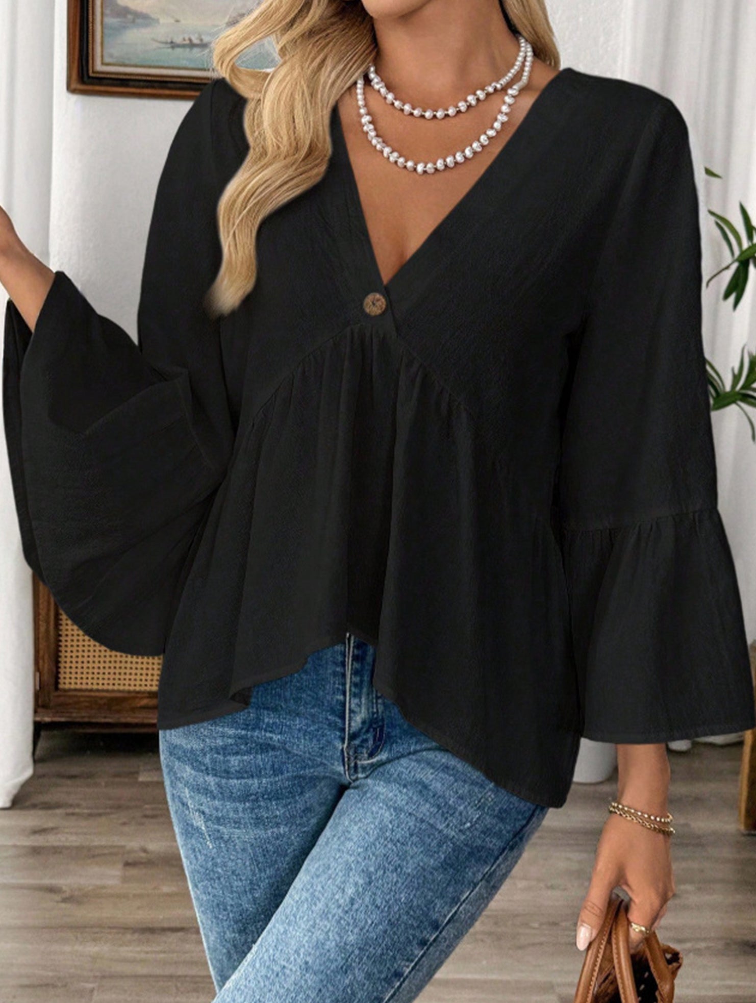 Solid V Neck Ruffle Sleeve Cotton Top