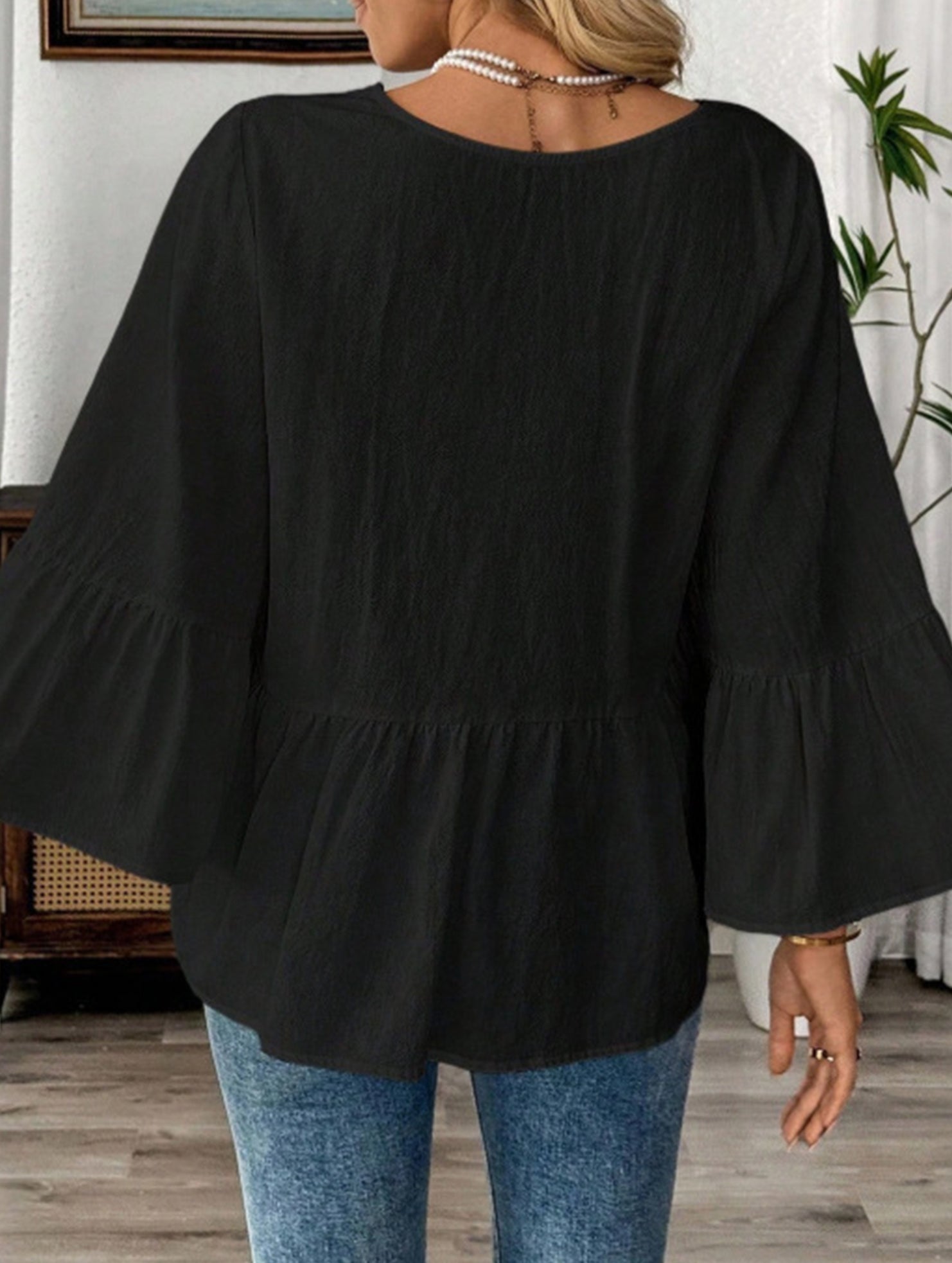 Solid V Neck Ruffle Sleeve Cotton Top
