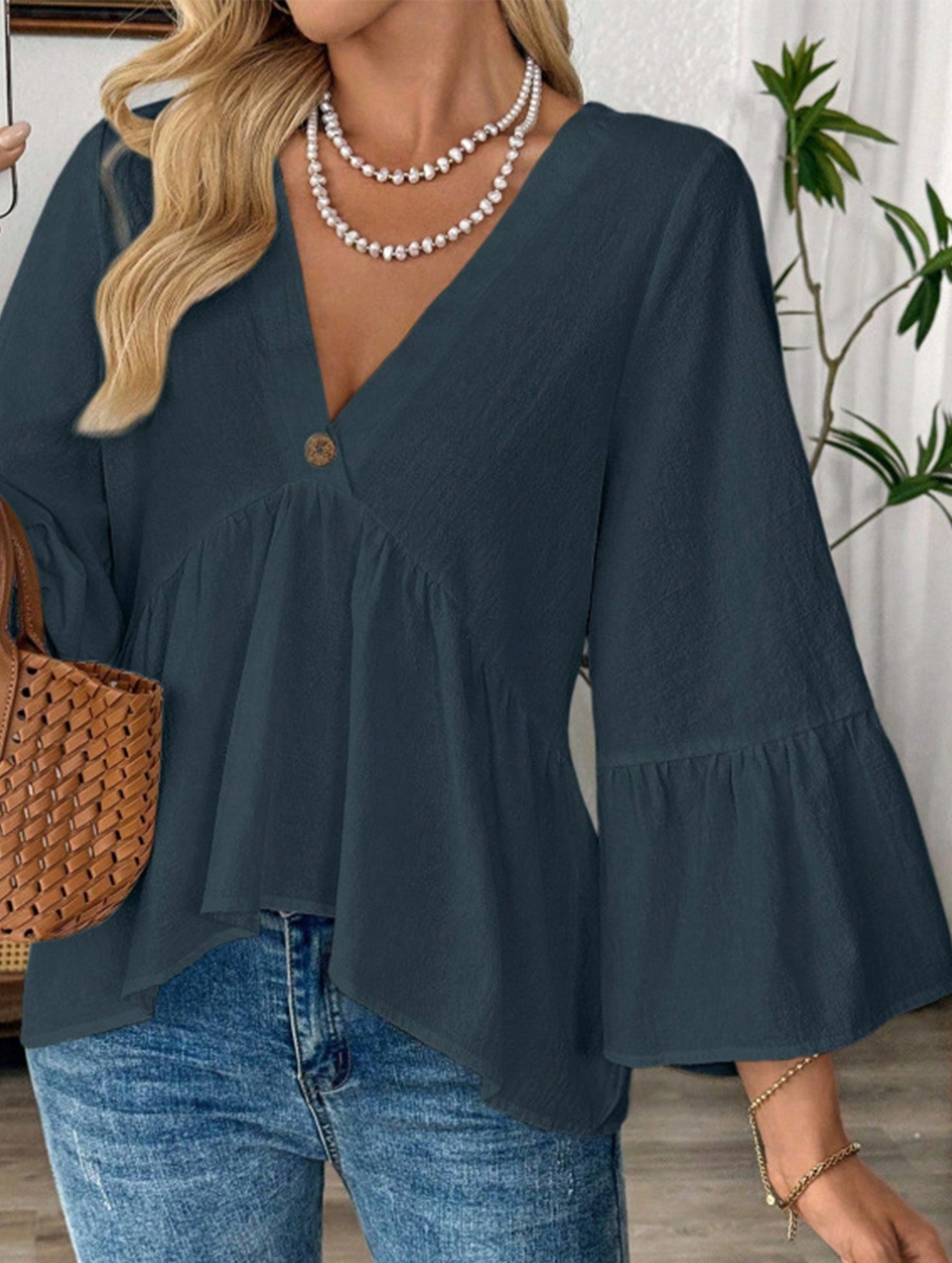 Solid V Neck Ruffle Sleeve Cotton Top