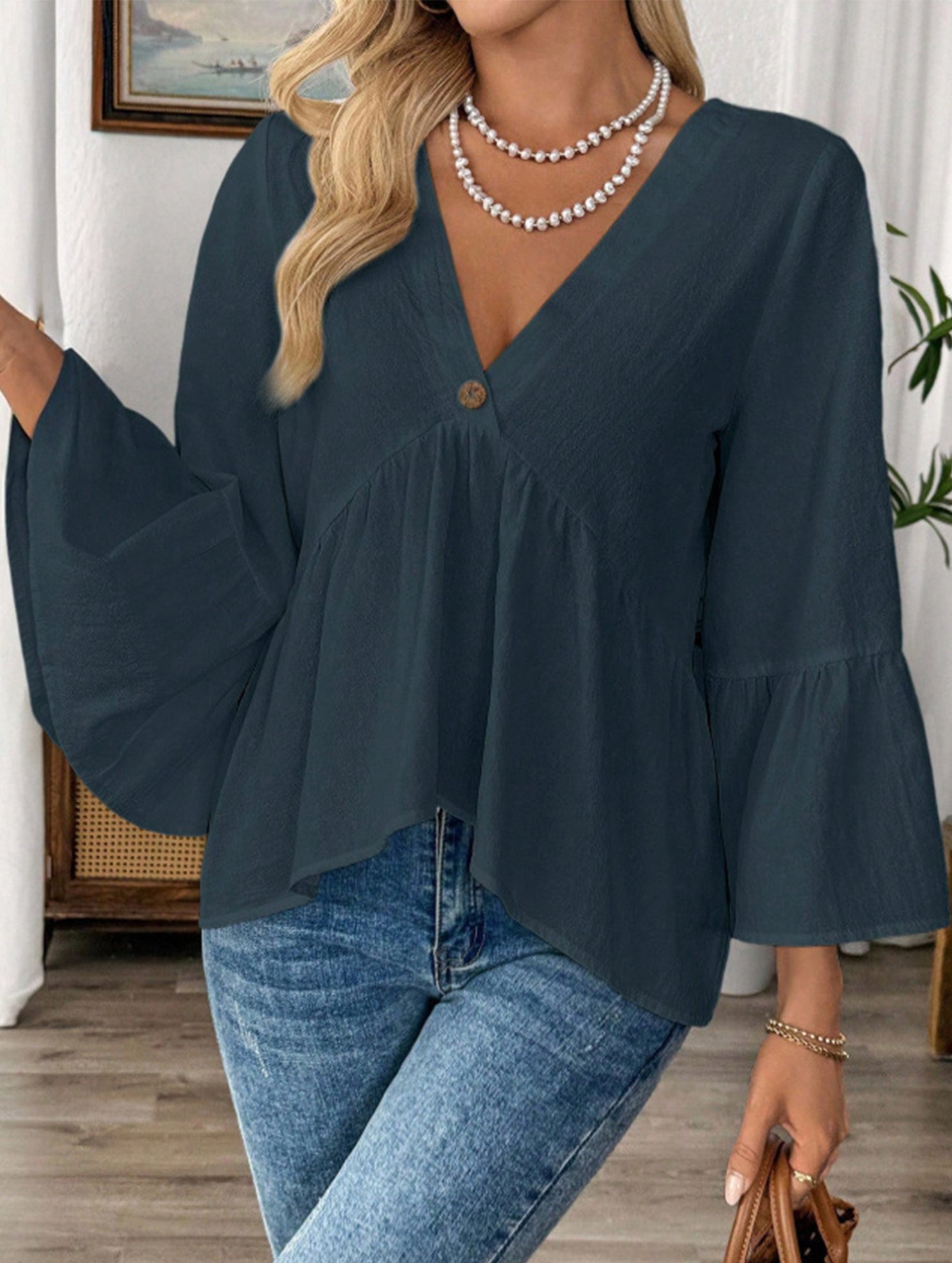 Solid V Neck Ruffle Sleeve Cotton Top