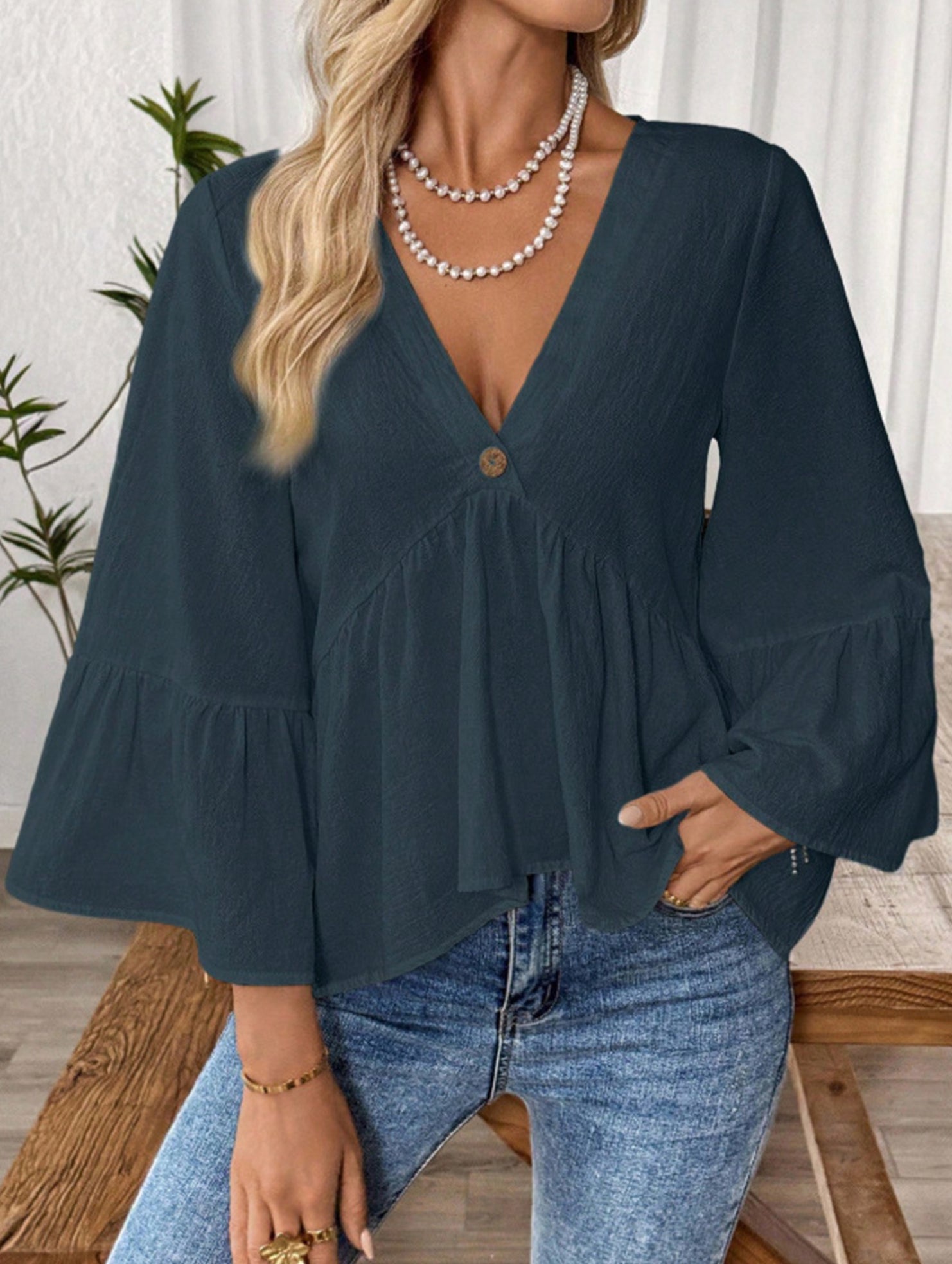 Solid V Neck Ruffle Sleeve Cotton Top