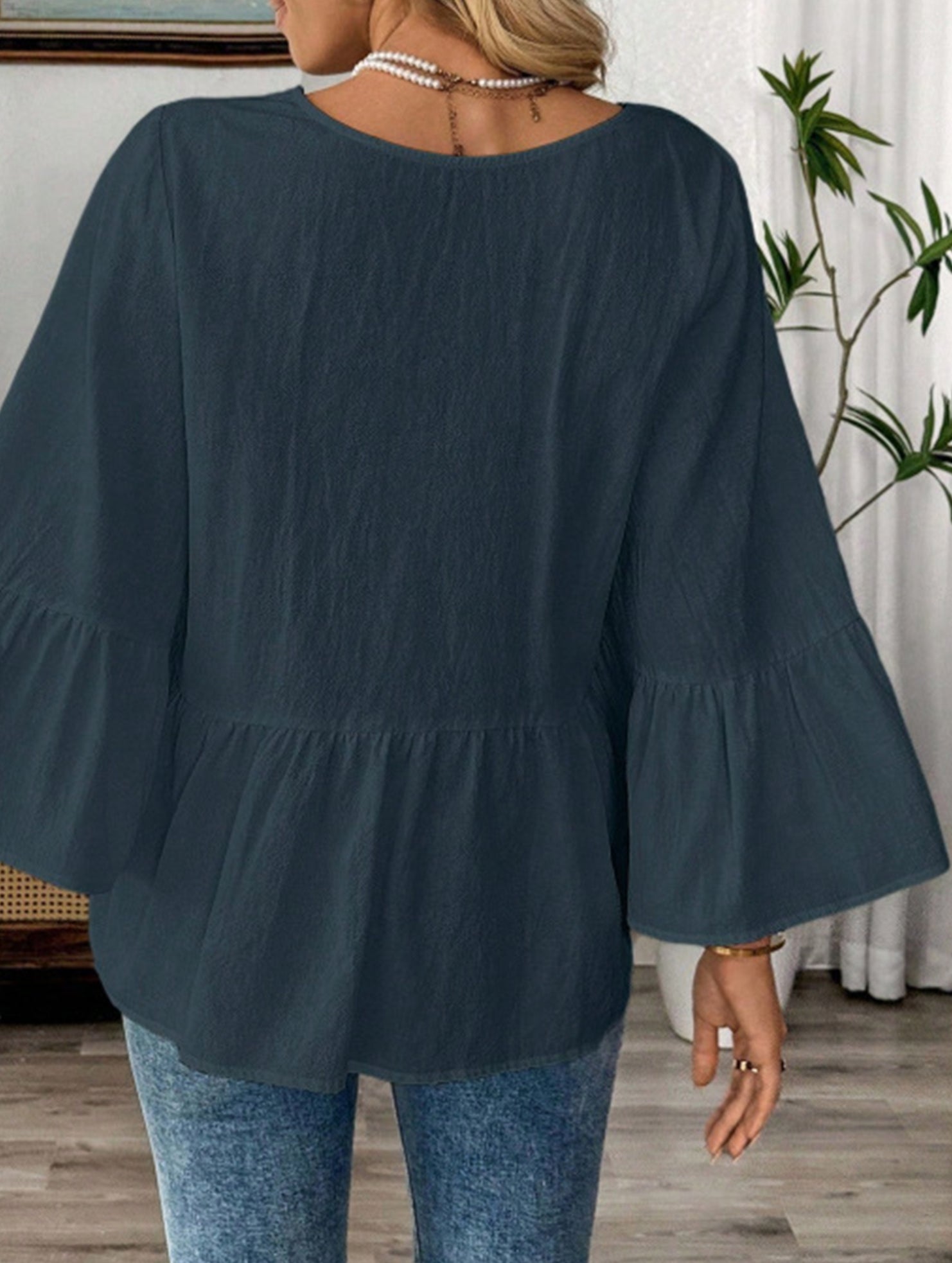 Solid V Neck Ruffle Sleeve Cotton Top